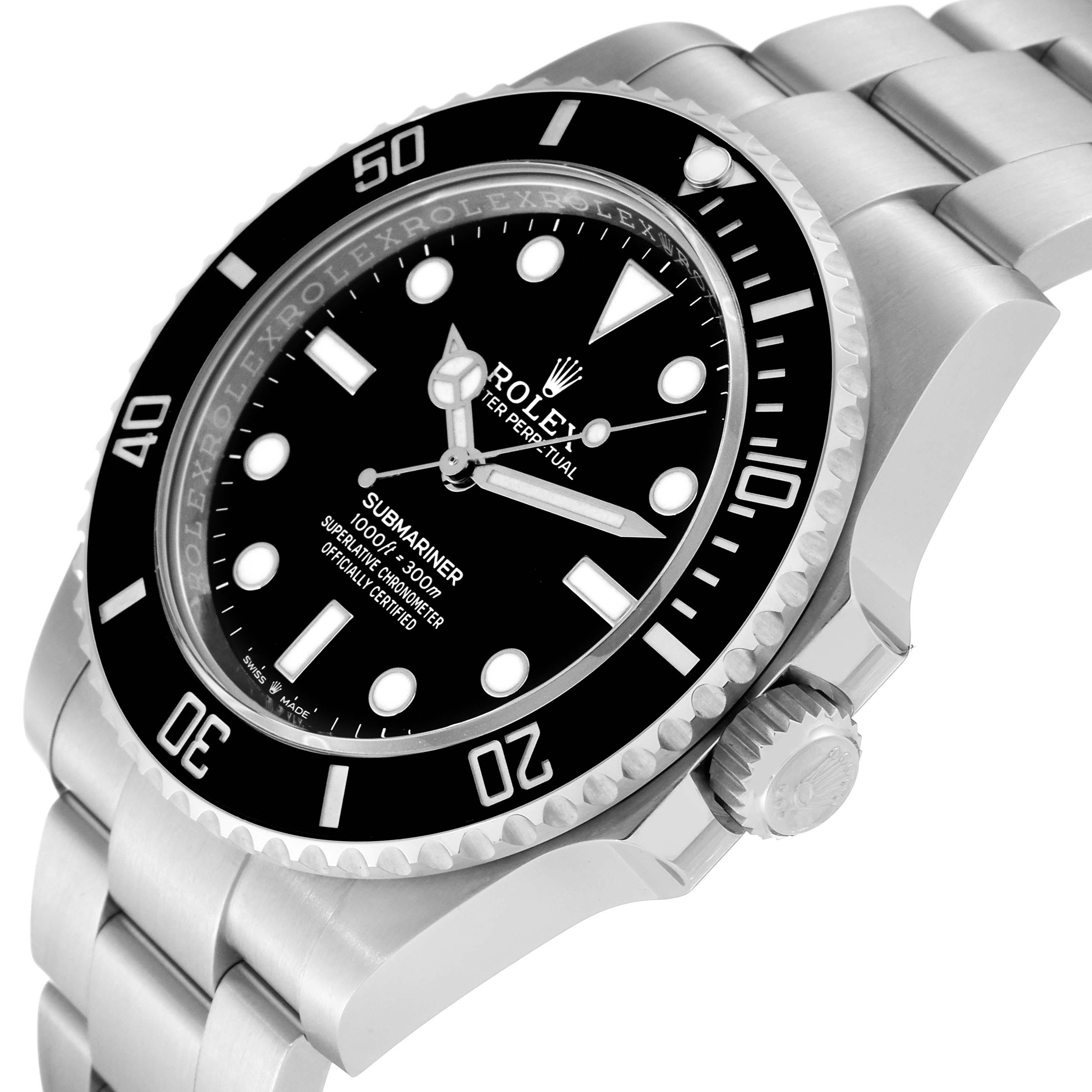 The image shows a Rolex Submariner 124060 Men's Stainless Steel Black Dial 124060 Men's Stainless Steel Black Dial watch at an angled close-up, featuring the dial, bezel, crown, and bracelet links.