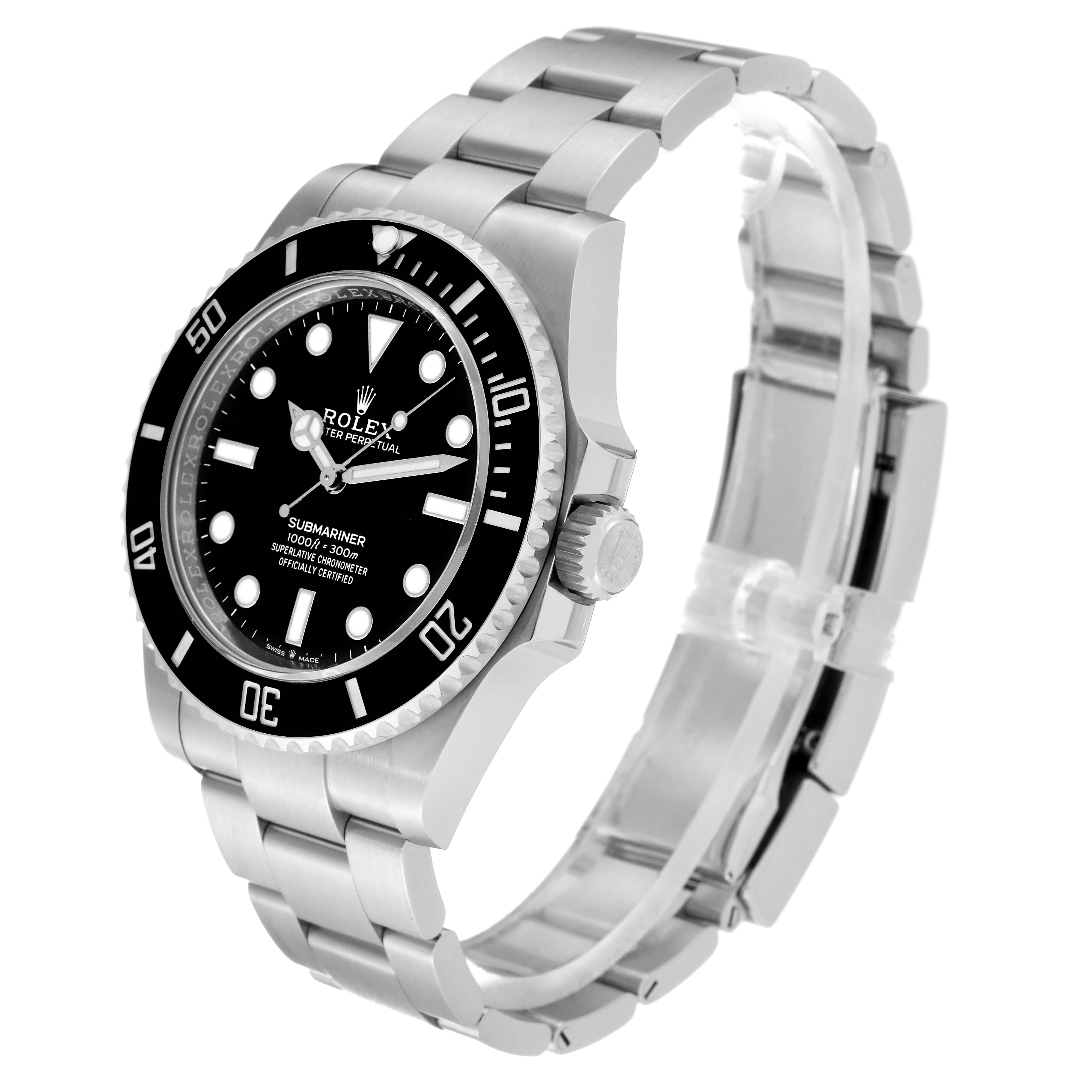 This image shows a Rolex Submariner 124060 Men's Stainless Steel Black Dial 124060 Men's Stainless Steel Black Dial watch at a three-quarter angle, displaying the dial, bezel, crown, and part of the bracelet.