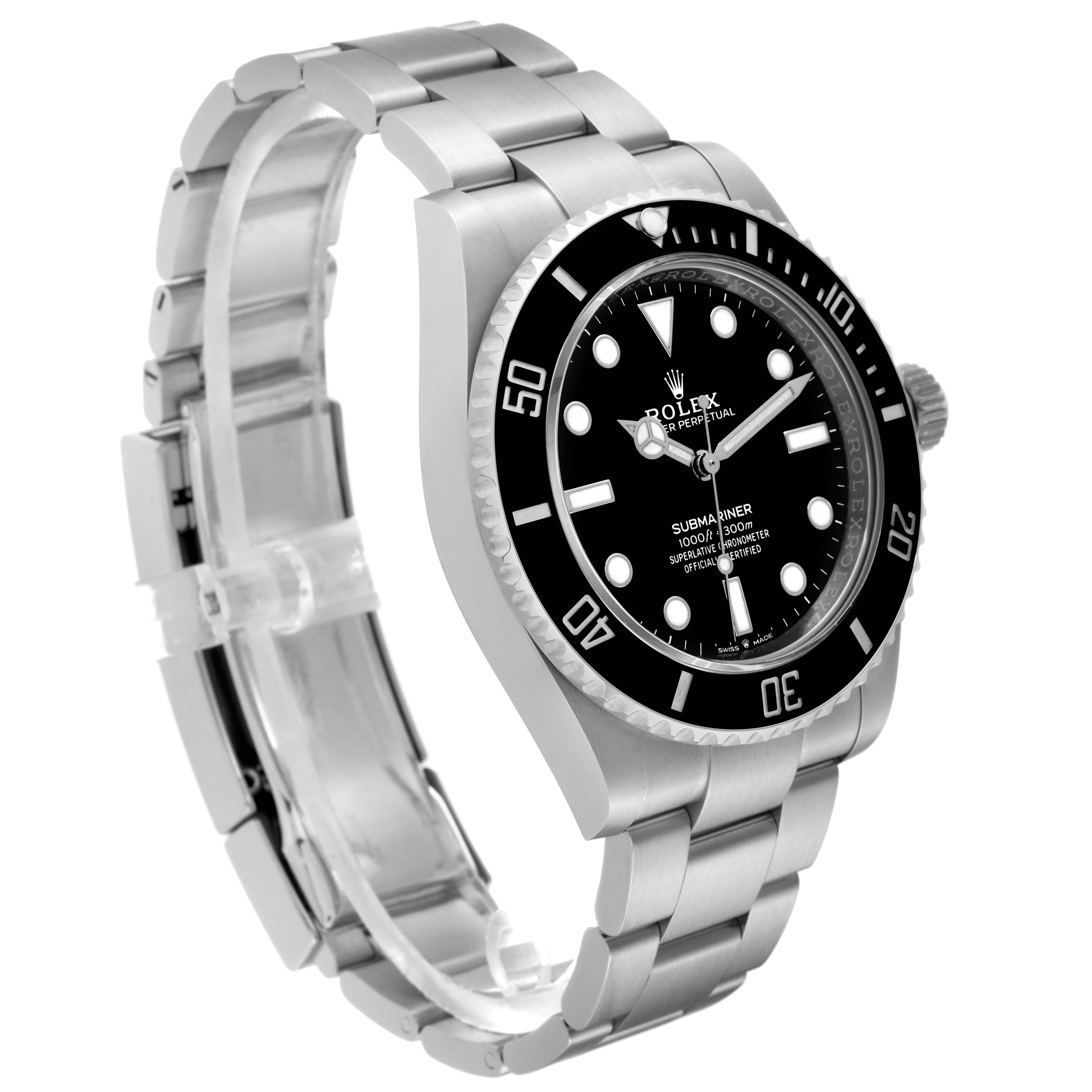 The image shows a Rolex Submariner 124060 Men's Stainless Steel Black Dial 124060 Men's Stainless Steel Black Dial watch at an oblique angle, highlighting the face, bezel, and bracelet.