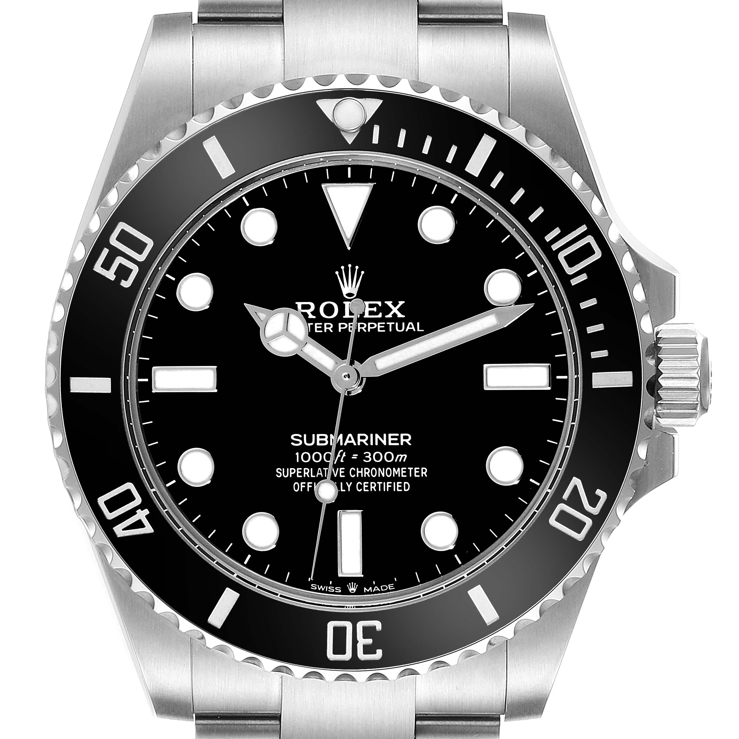This image shows a front view of a Rolex Submariner 124060 Men's Stainless Steel Black Dial 124060 Men's Stainless Steel Black Dial watch, highlighting the dial, bezel, and part of the bracelet.
