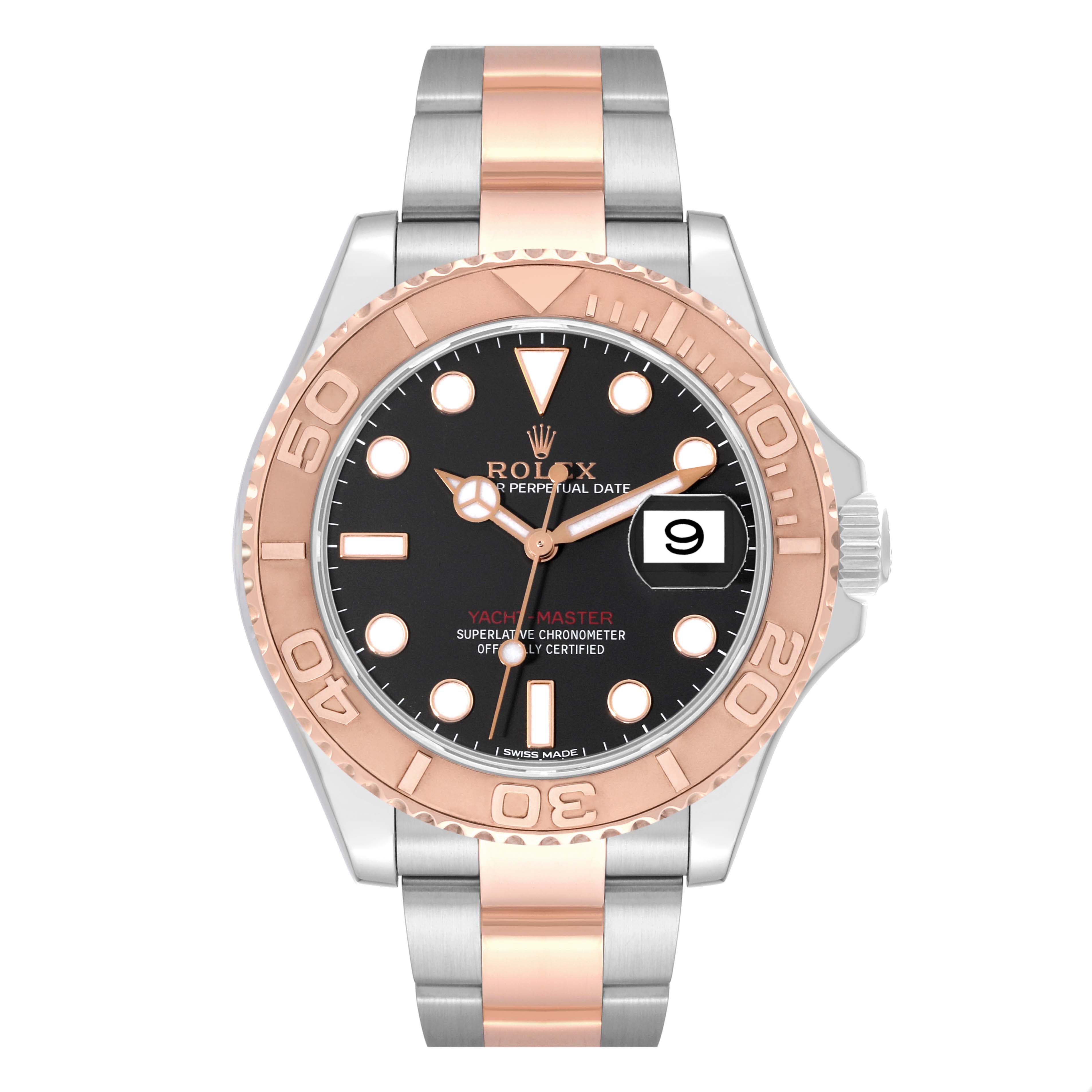 The Rolex Yacht-Master 116621 Men's Steel and Gold (two tone) Black Dial 116621 Men's Steel and Gold (two tone) Black Dial watch is shown from a front angle, highlighting the dial, bezel, and two-tone bracelet.