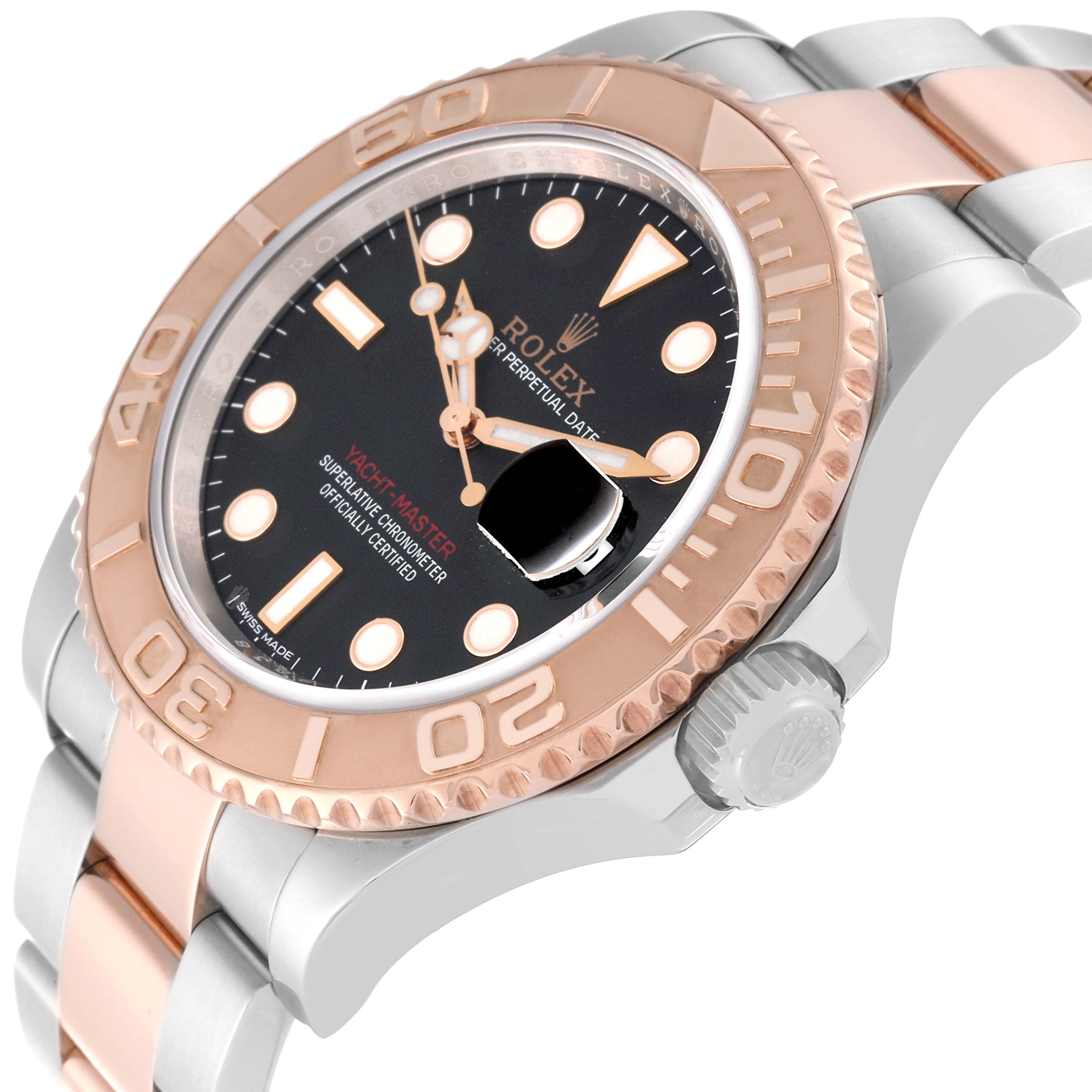 The image shows a close-up angle of the Rolex Yacht-Master 116621 Men's Steel and Gold (two tone) Black Dial 116621 Men's Steel and Gold (two tone) Black Dial watch, displaying the bezel, dial, and part of the bracelet.