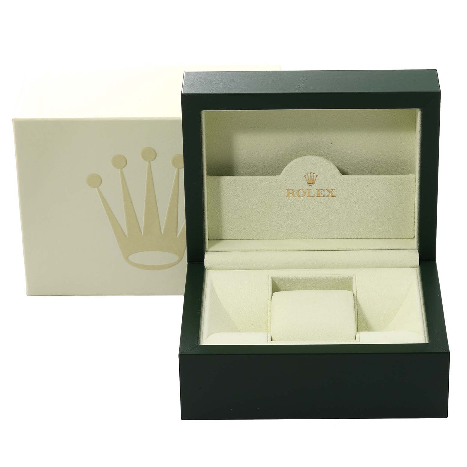 The image shows an open Rolex box designed for a Yacht-Master model watch, with cushioned interior sections and the iconic crown logo.