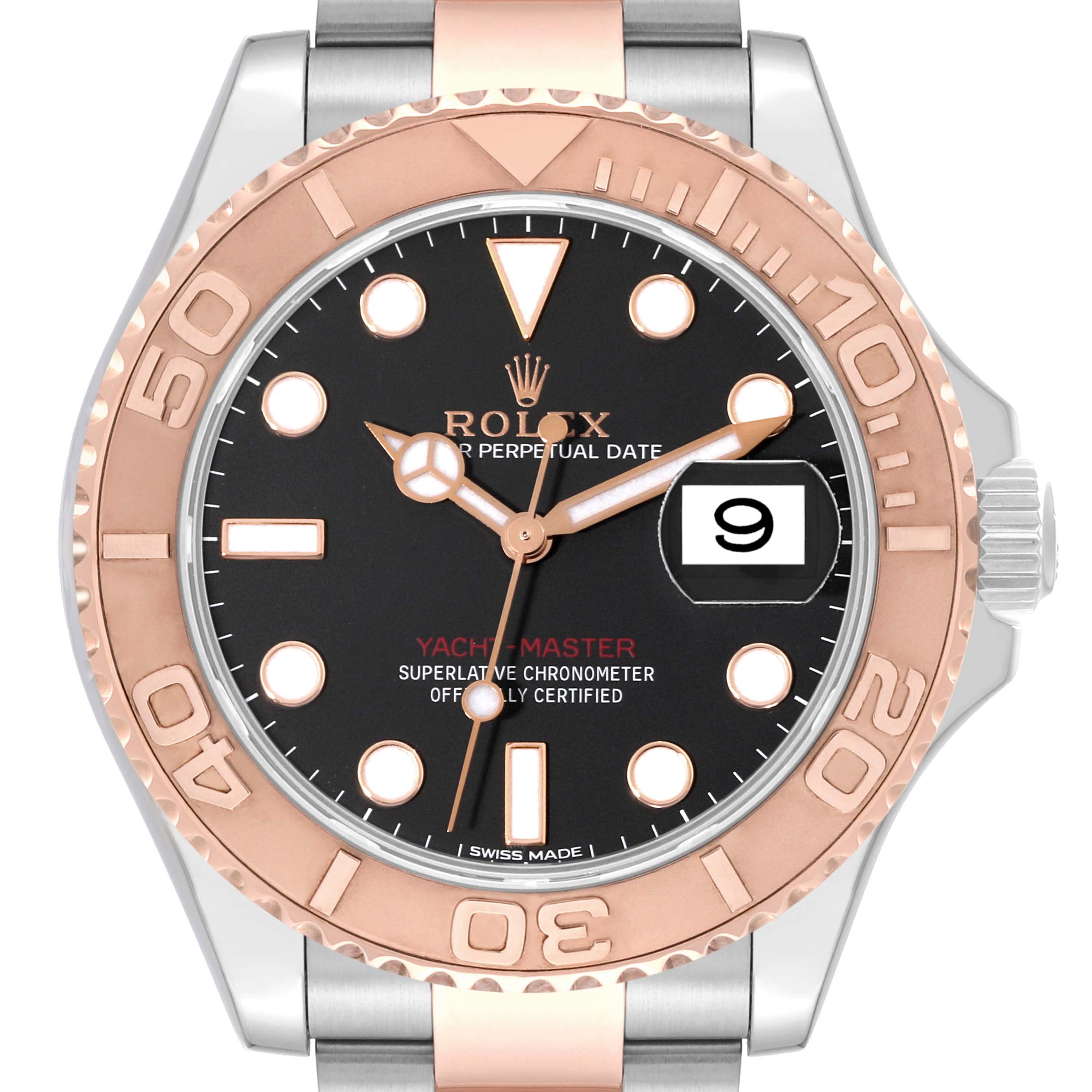 This image shows a front view of a Rolex Yacht-Master 116621 Men's Steel and Gold (two tone) Black Dial 116621 Men's Steel and Gold (two tone) Black Dial watch, highlighting the bezel, dial, hands, and date window.