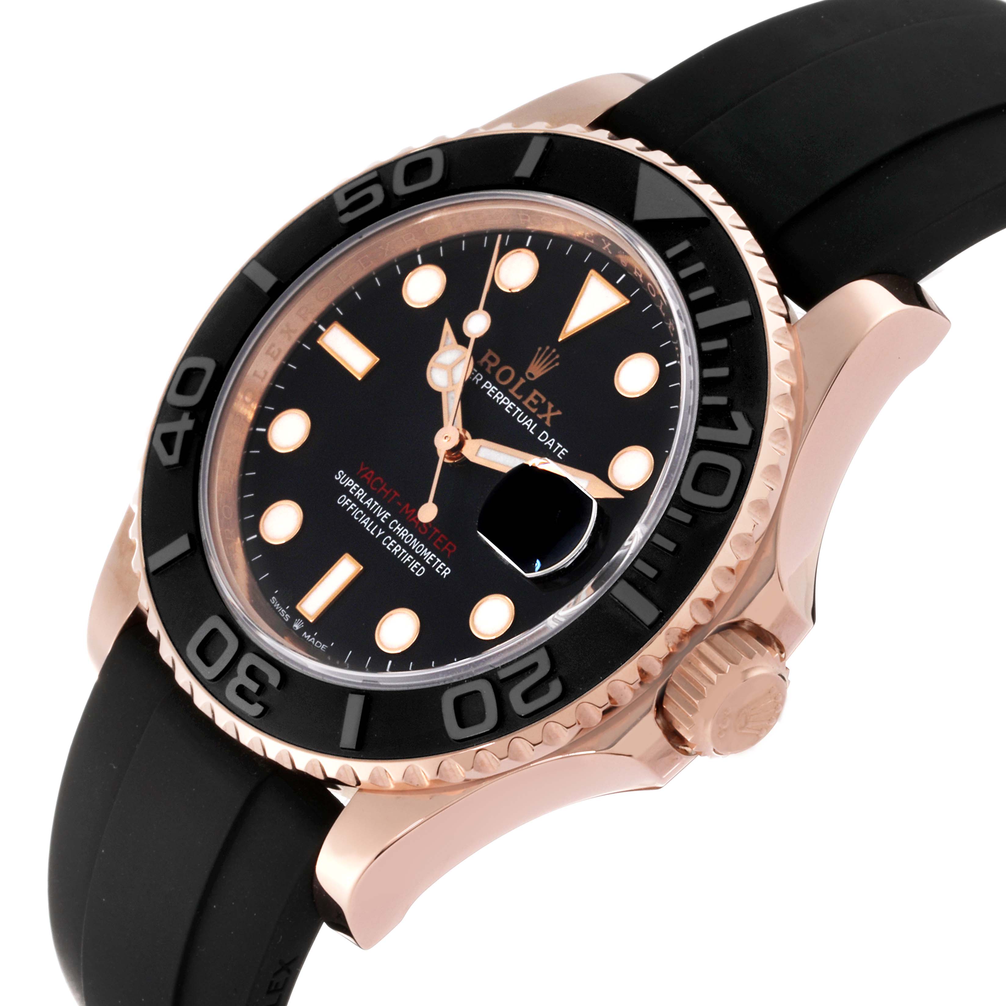 The image shows a close-up angled view of a Rolex Yacht-Master 126655 Men's Rose Gold Black Dial 126655 Men's Rose Gold Black Dial watch, highlighting the dial, bezel, crown, and strap.