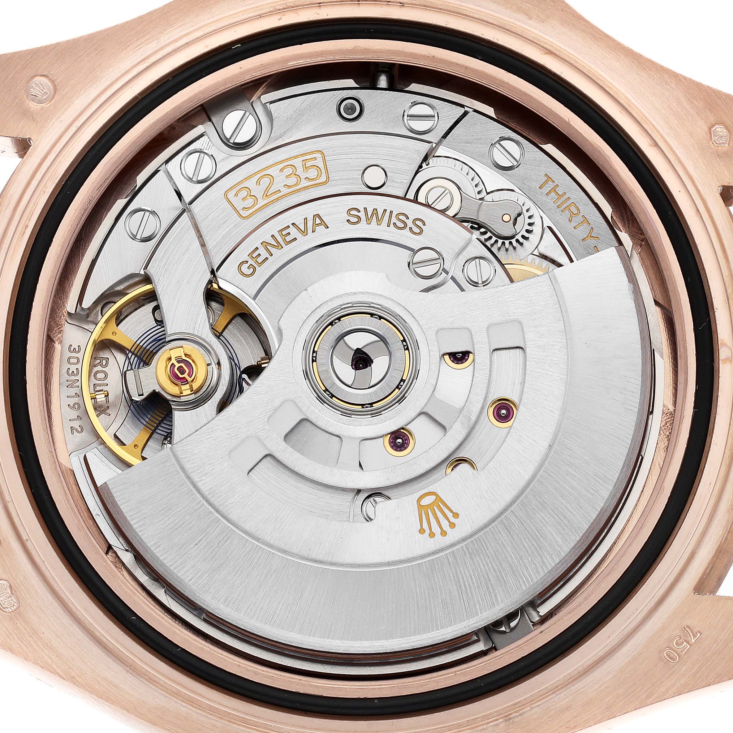 This is a close-up view of the movement of a Rolex Yacht-Master 126655 Men's Rose Gold Black Dial 126655 Men's Rose Gold Black Dial watch, specifically showing the 3235 caliber mechanism.