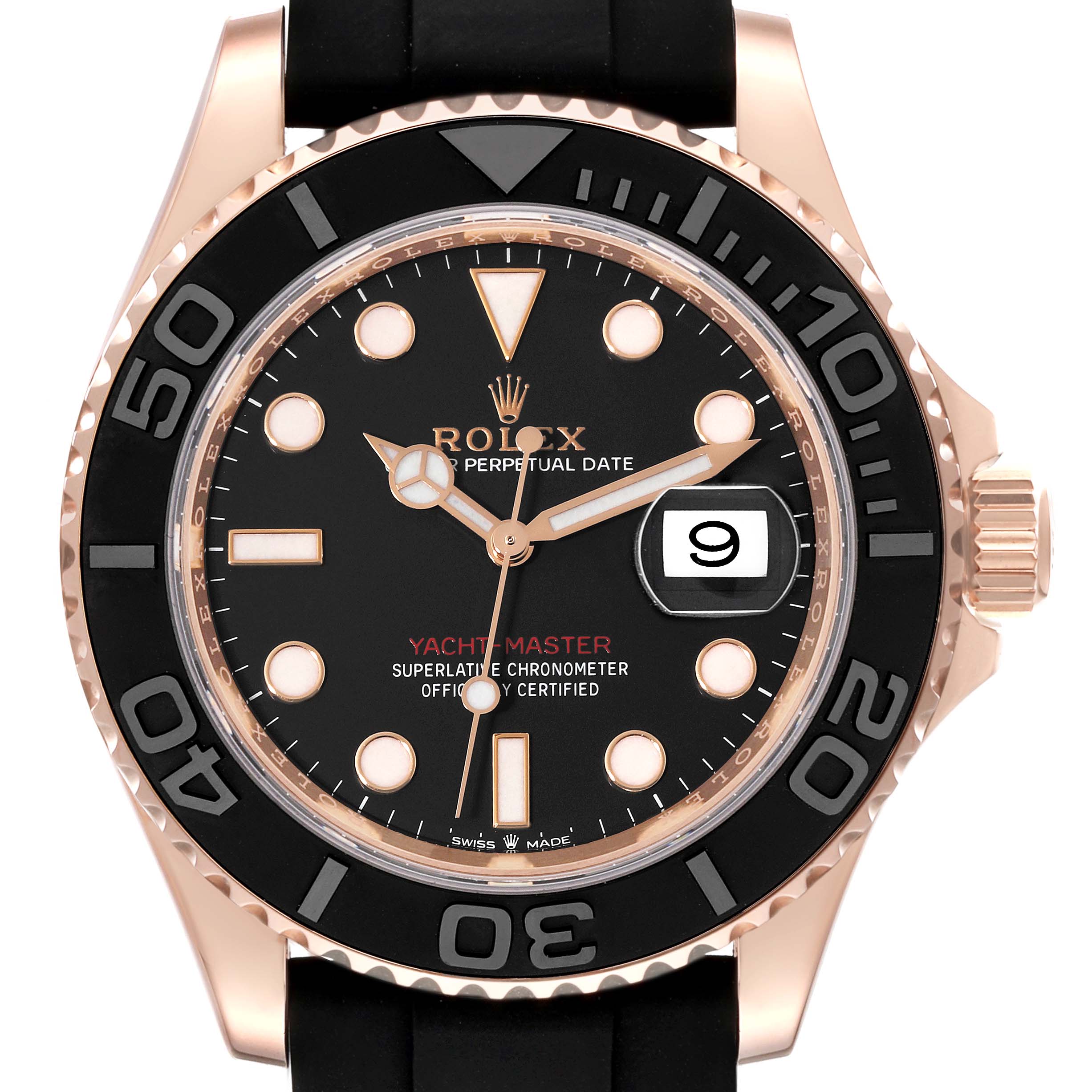 The image shows a front view of the Rolex Yacht-Master 126655 Men's Rose Gold Black Dial 126655 Men's Rose Gold Black Dial watch, highlighting the dial, bezel, and date window.
