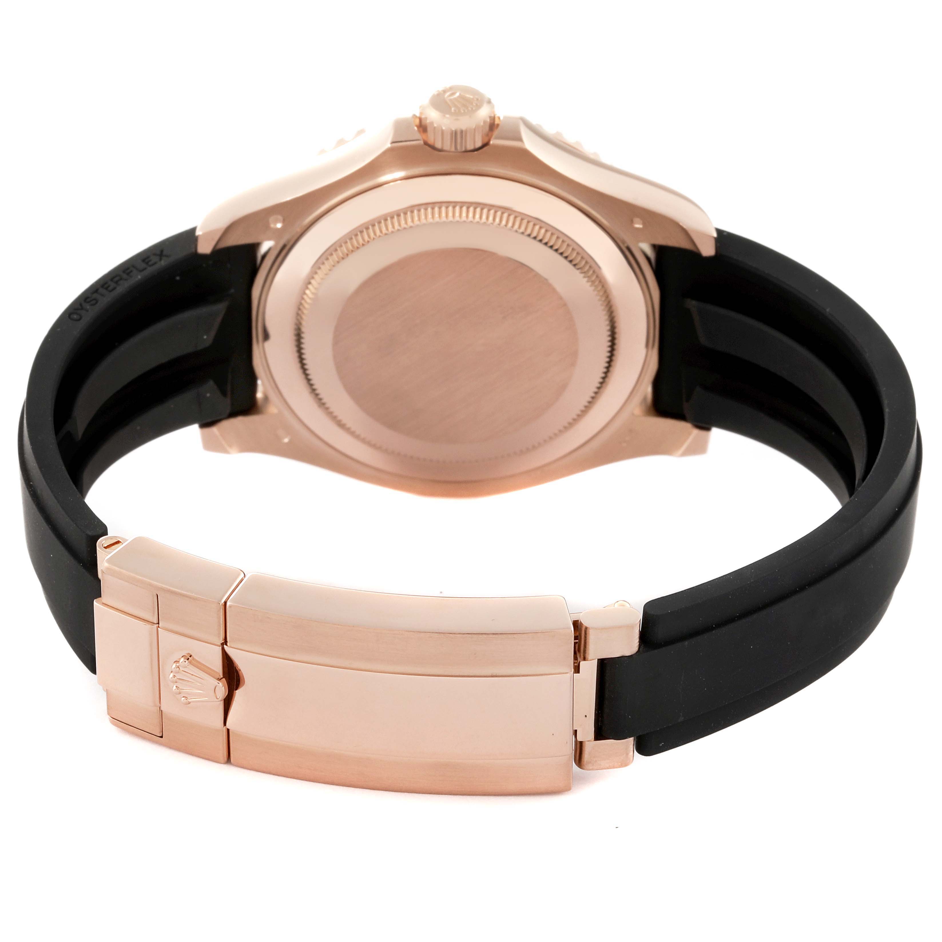 This image shows the back view of the Rolex Yacht-Master 126655 Men's Rose Gold Black Dial 126655 Men's Rose Gold Black Dial watch, highlighting its caseback and clasp, with a black strap.