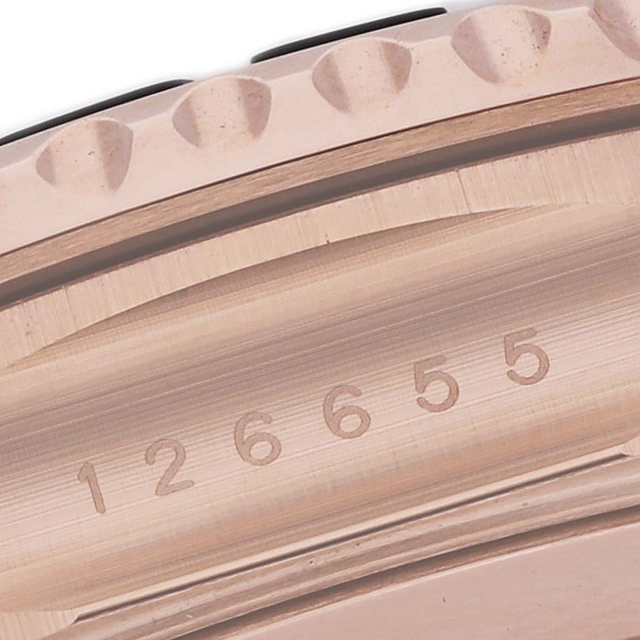 The image shows a close-up of the case back and bezel with the model number of a Rolex Yacht-Master 126655 Men's Rose Gold Black Dial 126655 Men's Rose Gold Black Dial watch engraved.
