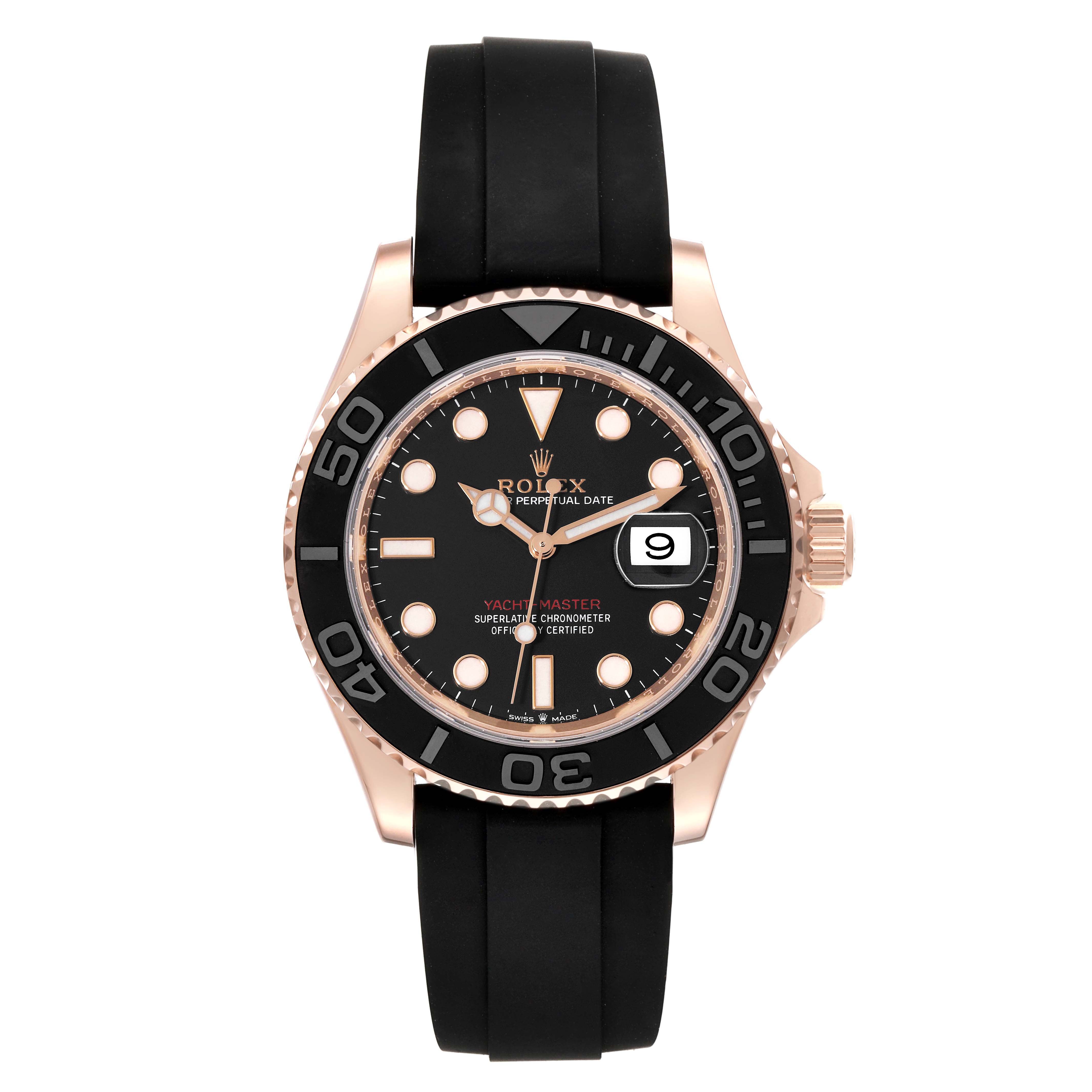 The image shows a frontal view of a Rolex Yacht-Master 126655 Men's Rose Gold Black Dial 126655 Men's Rose Gold Black Dial watch, highlighting its face, bezel, strap, and crown.