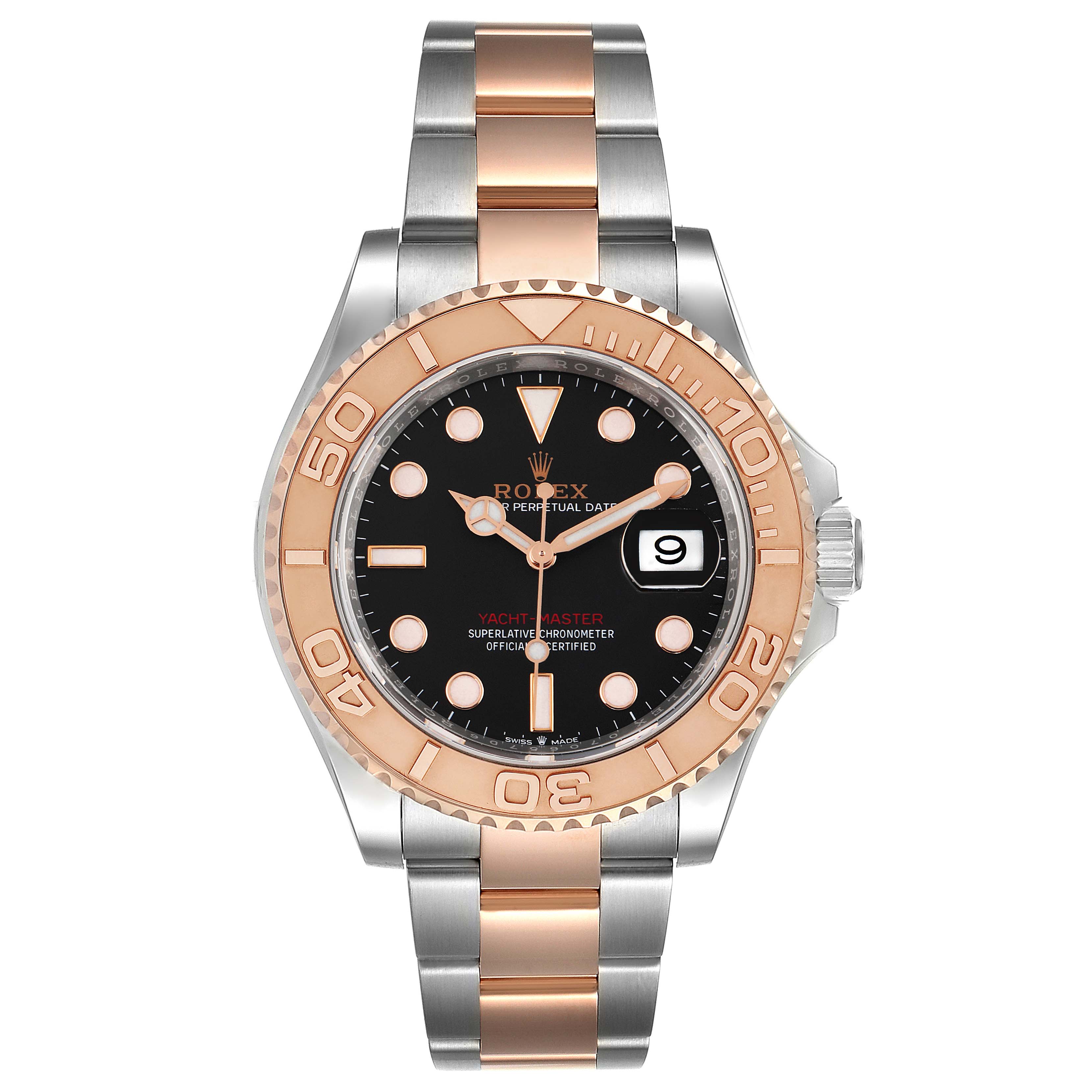 The Rolex Yacht-Master 126621 Men's Steel and Gold (two tone) Black Dial 126621 Men's Steel and Gold (two tone) Black Dial watch is shown head-on, displaying its face, bezel, and bracelet.