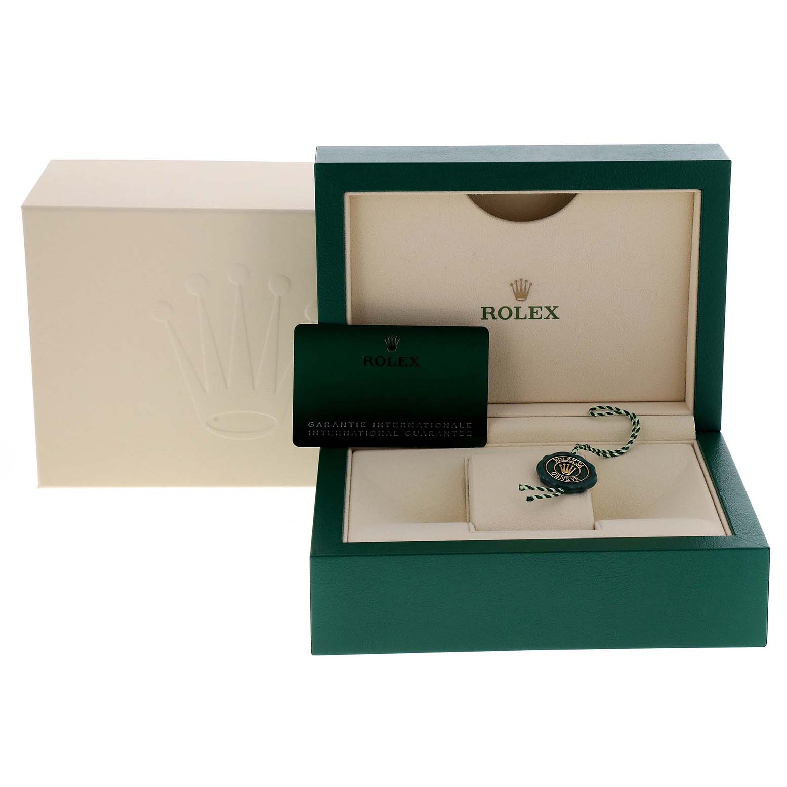 The image shows the packaging and accessories for a Rolex Yacht-Master 126621 Men's Steel and Gold (two tone) Black Dial 126621 Men's Steel and Gold (two tone) Black Dial, including the box, warranty card, and tag.