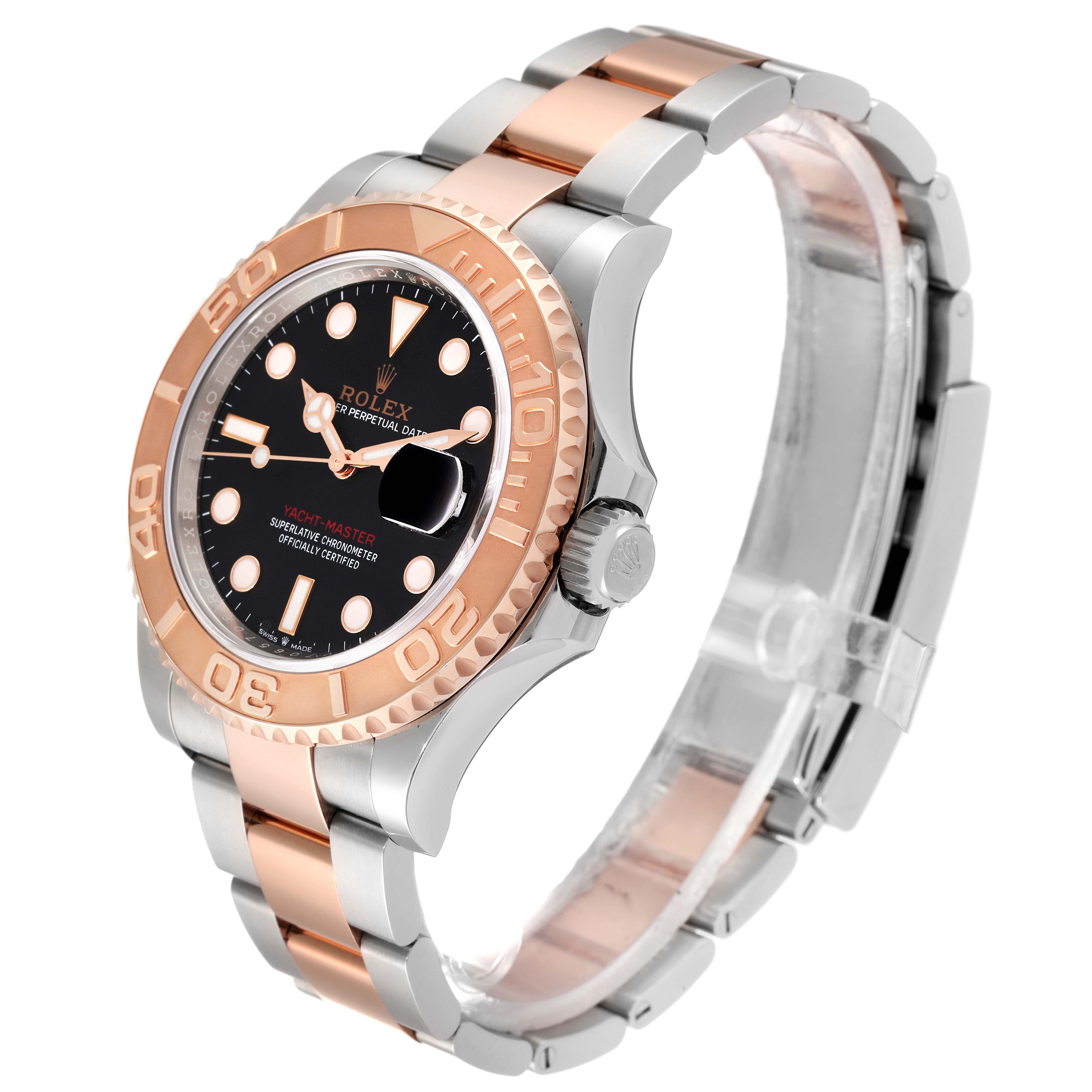 The Rolex Yacht-Master 126621 Men's Steel and Gold (two tone) Black Dial 126621 Men's Steel and Gold (two tone) Black Dial watch is shown from a front-side angle, highlighting its bezel, face, and bracelet.