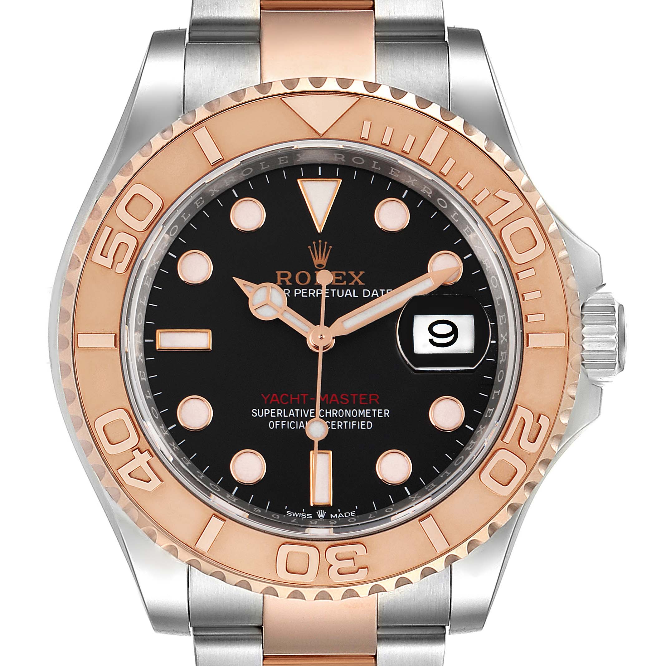 The image shows a front view of the Rolex Yacht-Master 126621 Men's Steel and Gold (two tone) Black Dial 126621 Men's Steel and Gold (two tone) Black Dial watch, focusing on the dial, bezel, and part of the bracelet.