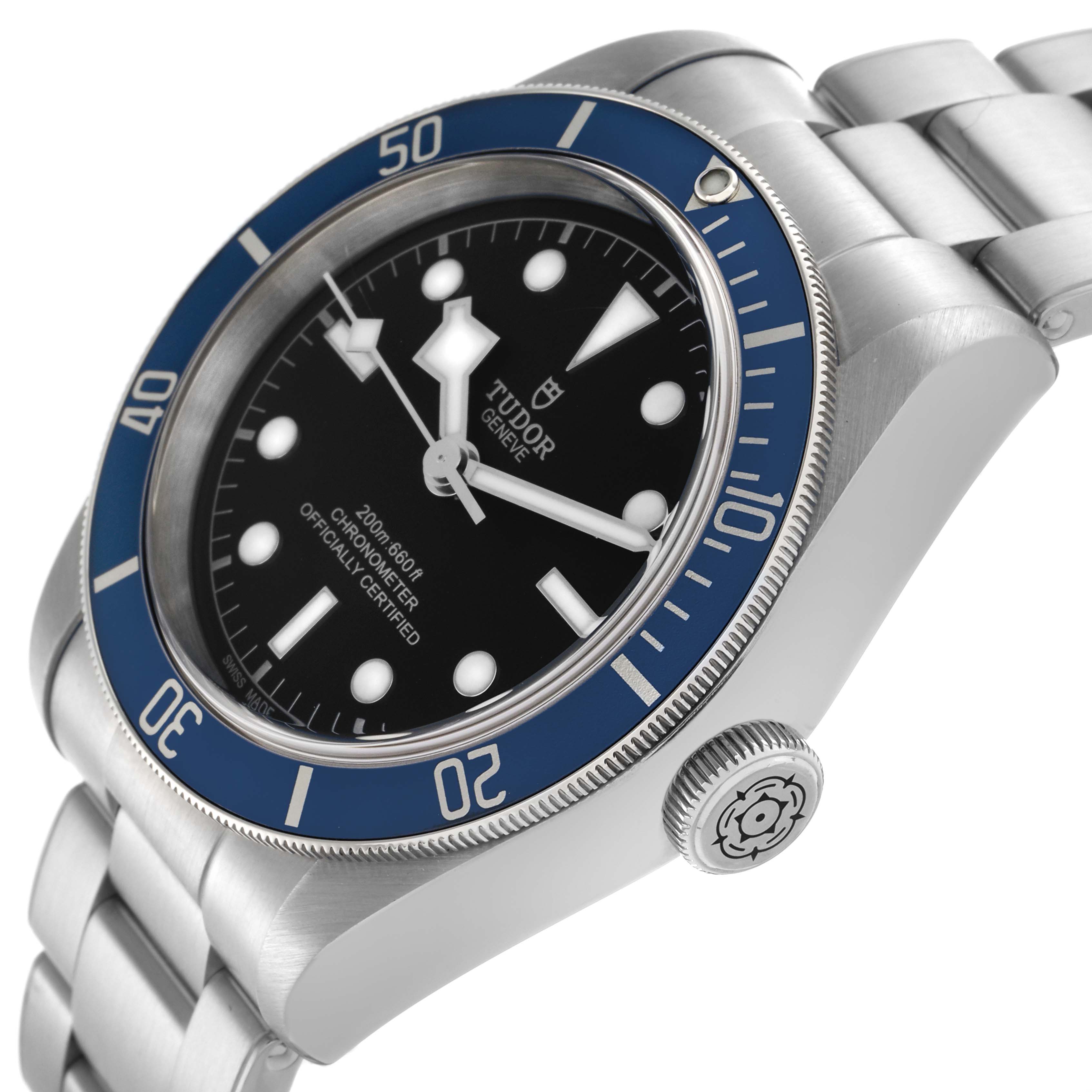 The Tudor Heritage Black Bay 79230B Men
s Stainless Steel Black Dial 79230B Men
s Stainless Steel Black Dial watch is shown at a side angle, highlighting its blue bezel, black dial, and stainless steel bracelet.