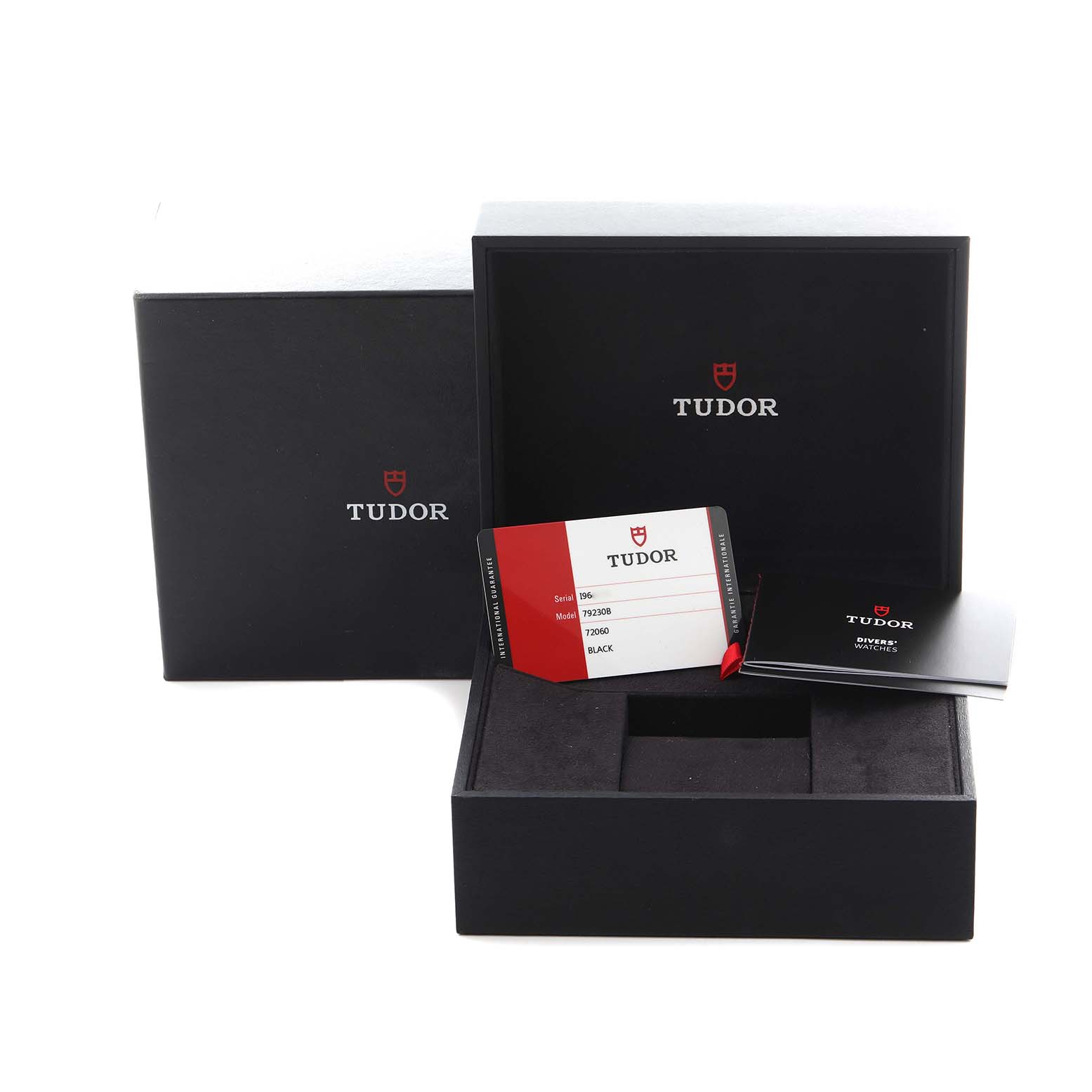 The image shows Tudor Heritage Black Bay 79230B Men
s Stainless Steel Black Dial 79230B Men
s Stainless Steel Black Dial packaging with papers and warranty card, viewed from the top.