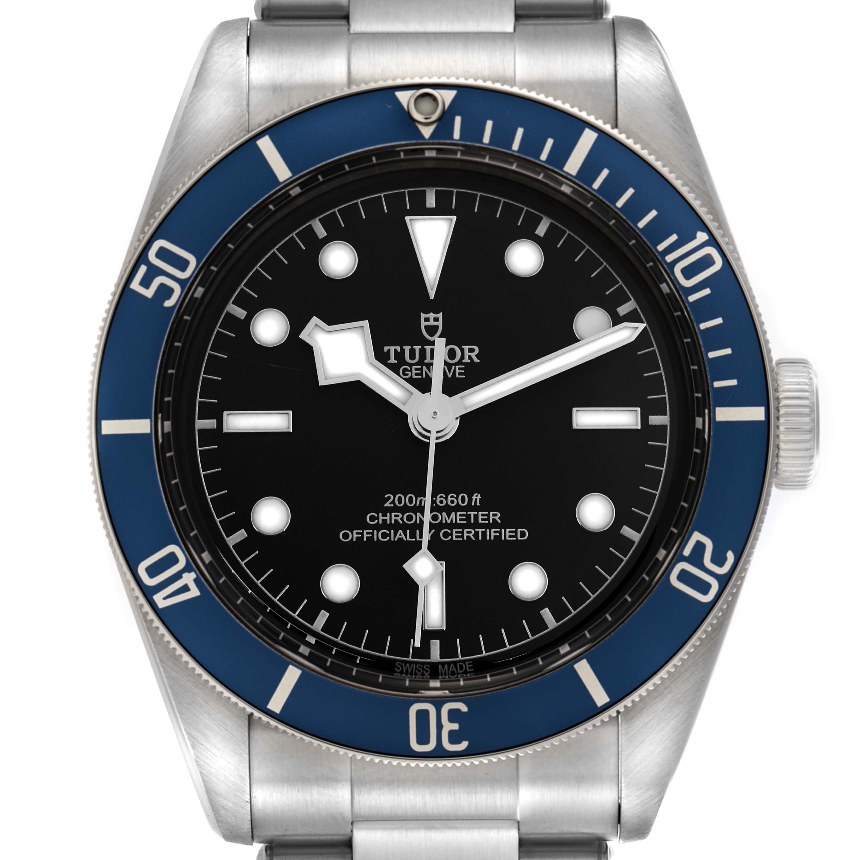 The image shows a front view of the Tudor Heritage Black Bay 79230B Men
s Stainless Steel Black Dial 79230B Men
s Stainless Steel Black Dial watch, highlighting its dial, bezel, and bracelet.