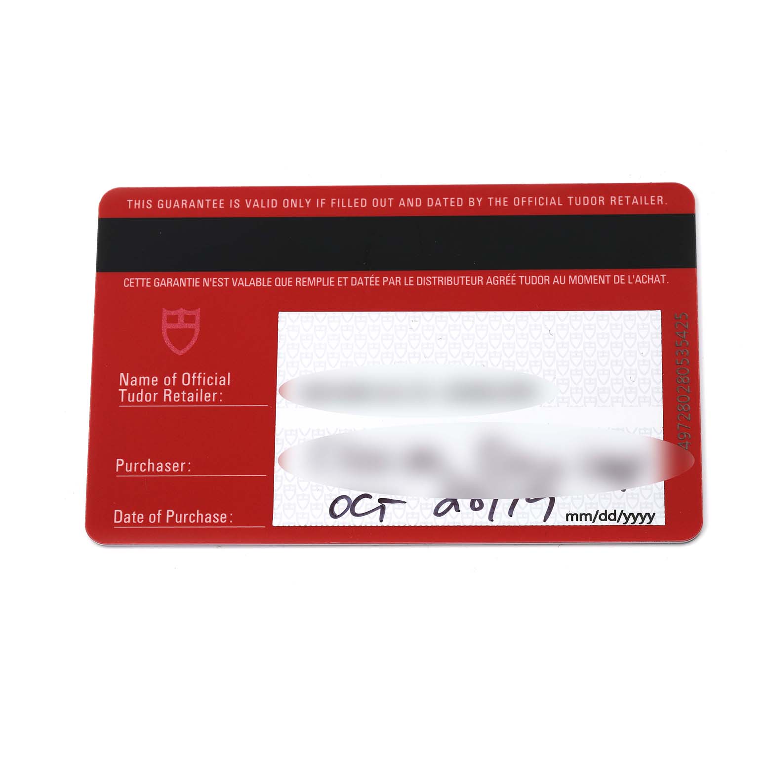 The image shows a close-up of a warranty card for a Tudor Heritage Black Bay 79230B Men
s Stainless Steel Black Dial 79230B Men
s Stainless Steel Black Dial watch.