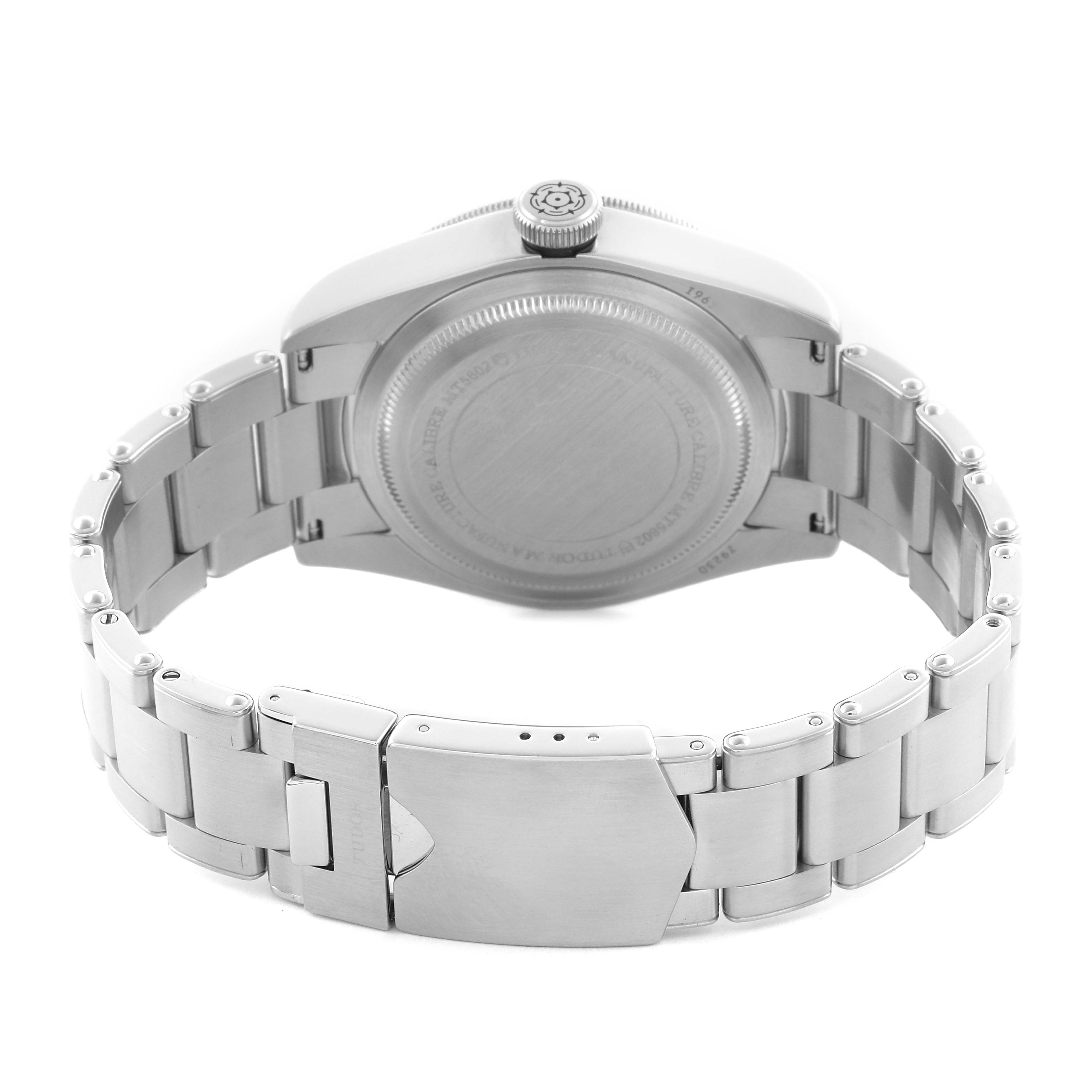 The image shows the back and bracelet of the Tudor Heritage Black Bay 79230B Men
s Stainless Steel Black Dial 79230B Men
s Stainless Steel Black Dial watch, with the clasp and case back clearly visible.