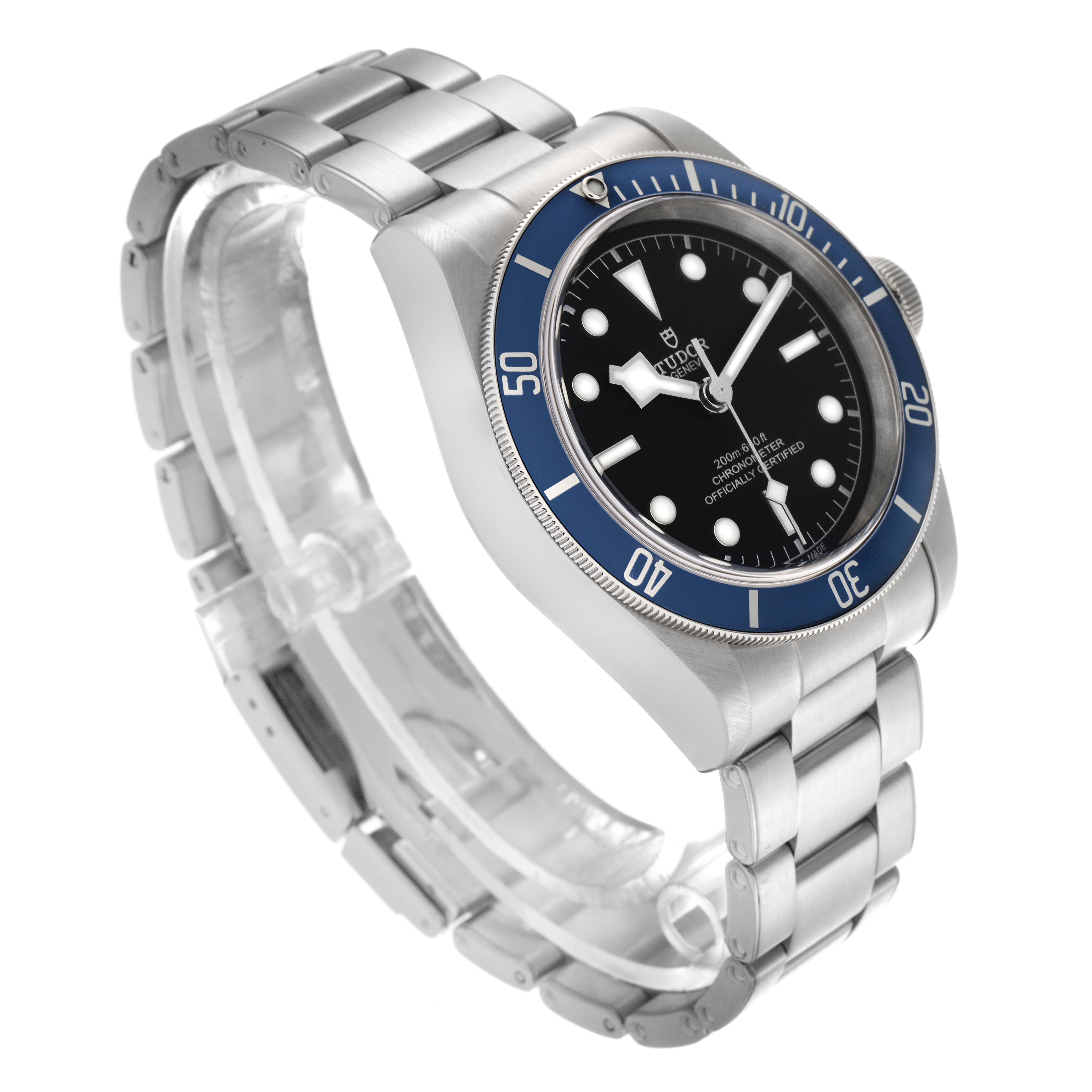 The Tudor Heritage Black Bay 79230B Men
s Stainless Steel Black Dial 79230B Men
s Stainless Steel Black Dial watch is shown at a three-quarter angle, highlighting the dial, bezel, crown, and bracelet.