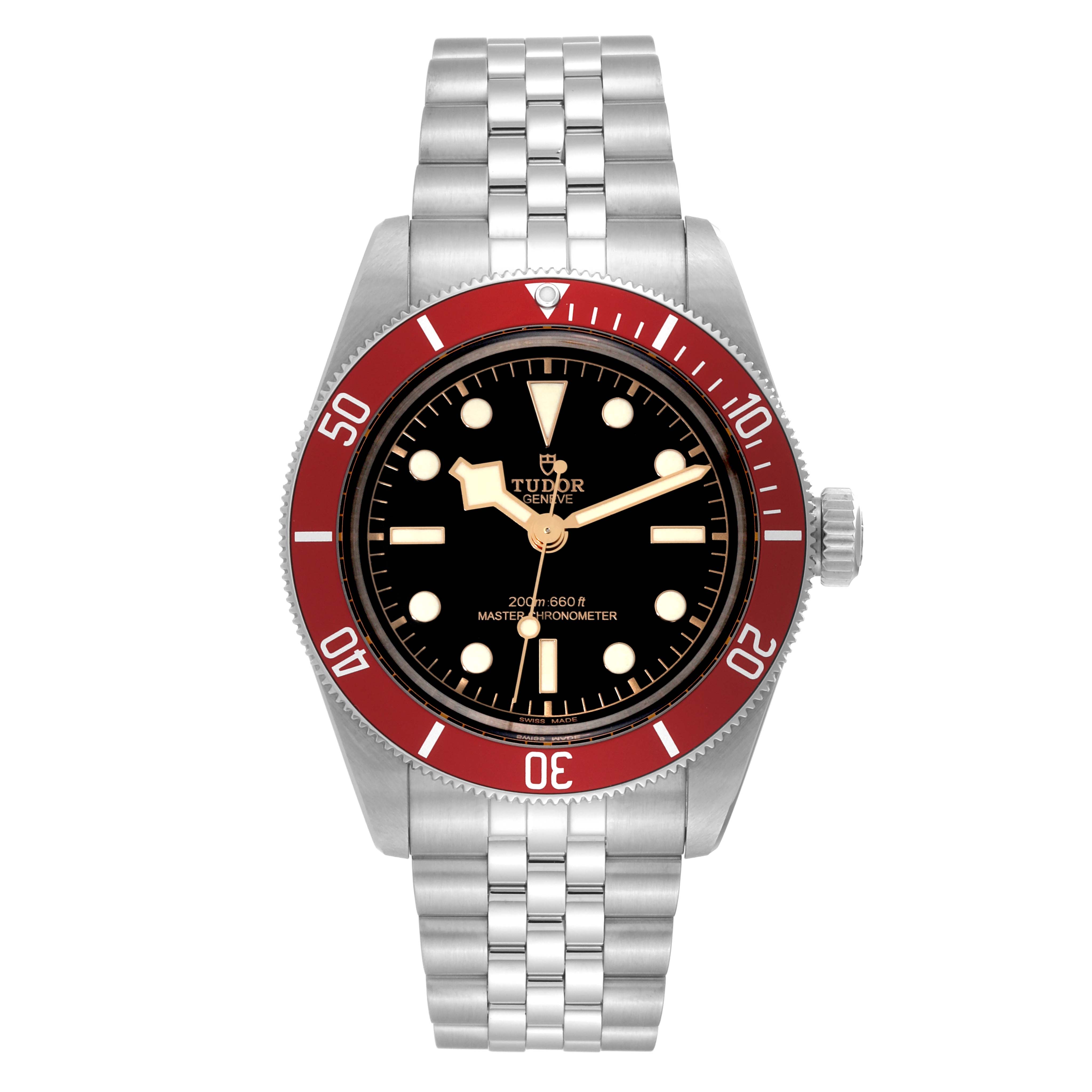 The Heritage Black Bay model by Tudor is shown from the front, highlighting its face, bezel, and metal bracelet.