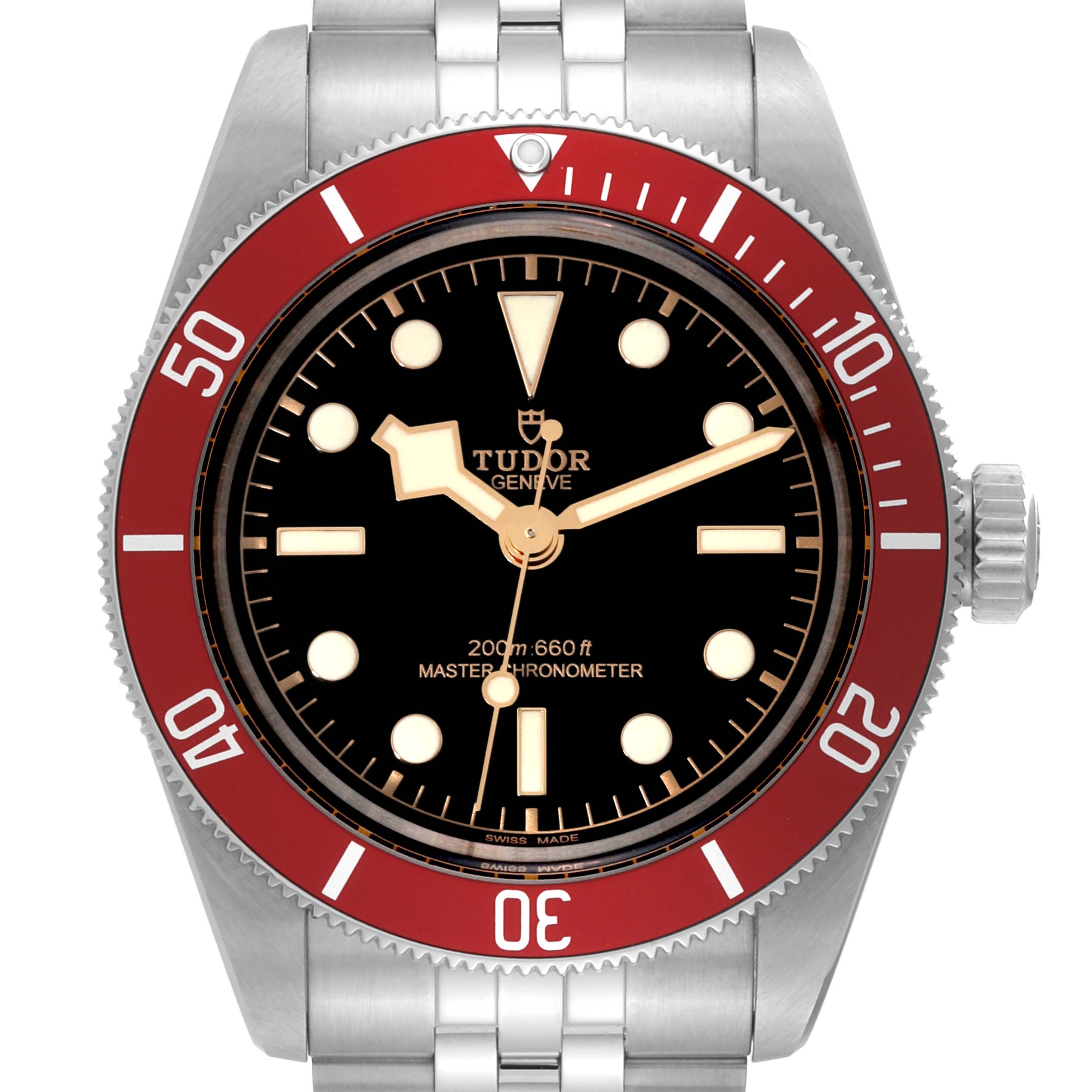 This image shows a front view of the Tudor Heritage Black Bay 7941A1A0RU Men
s Stainless Steel Black Dial 7941A1A0RU Men
s Stainless Steel Black Dial watch, highlighting its red bezel, black dial, and stainless steel bracelet.
