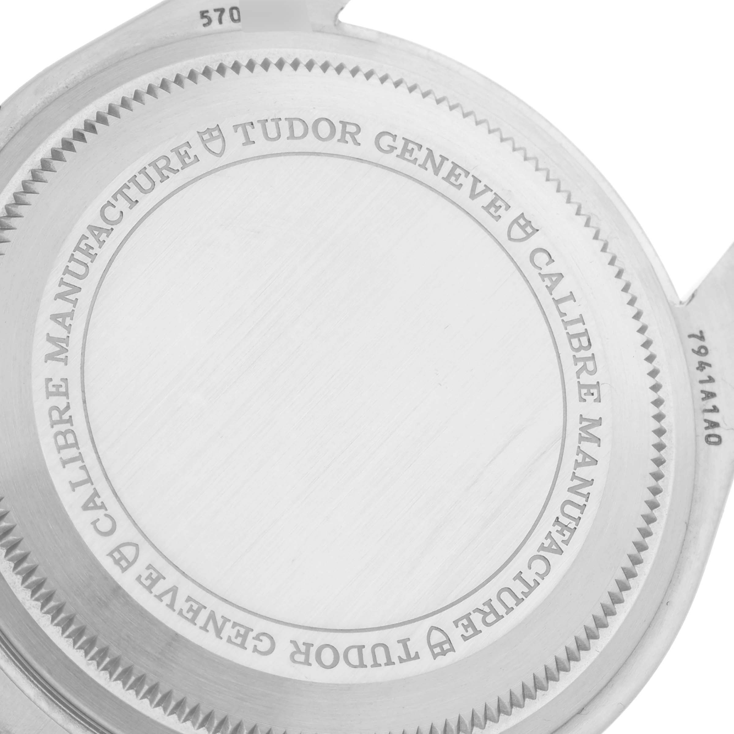 This image shows the back case of a Tudor Heritage Black Bay 7941A1A0RU Men
s Stainless Steel Black Dial 7941A1A0RU Men
s Stainless Steel Black Dial watch, displaying its engravings and details.