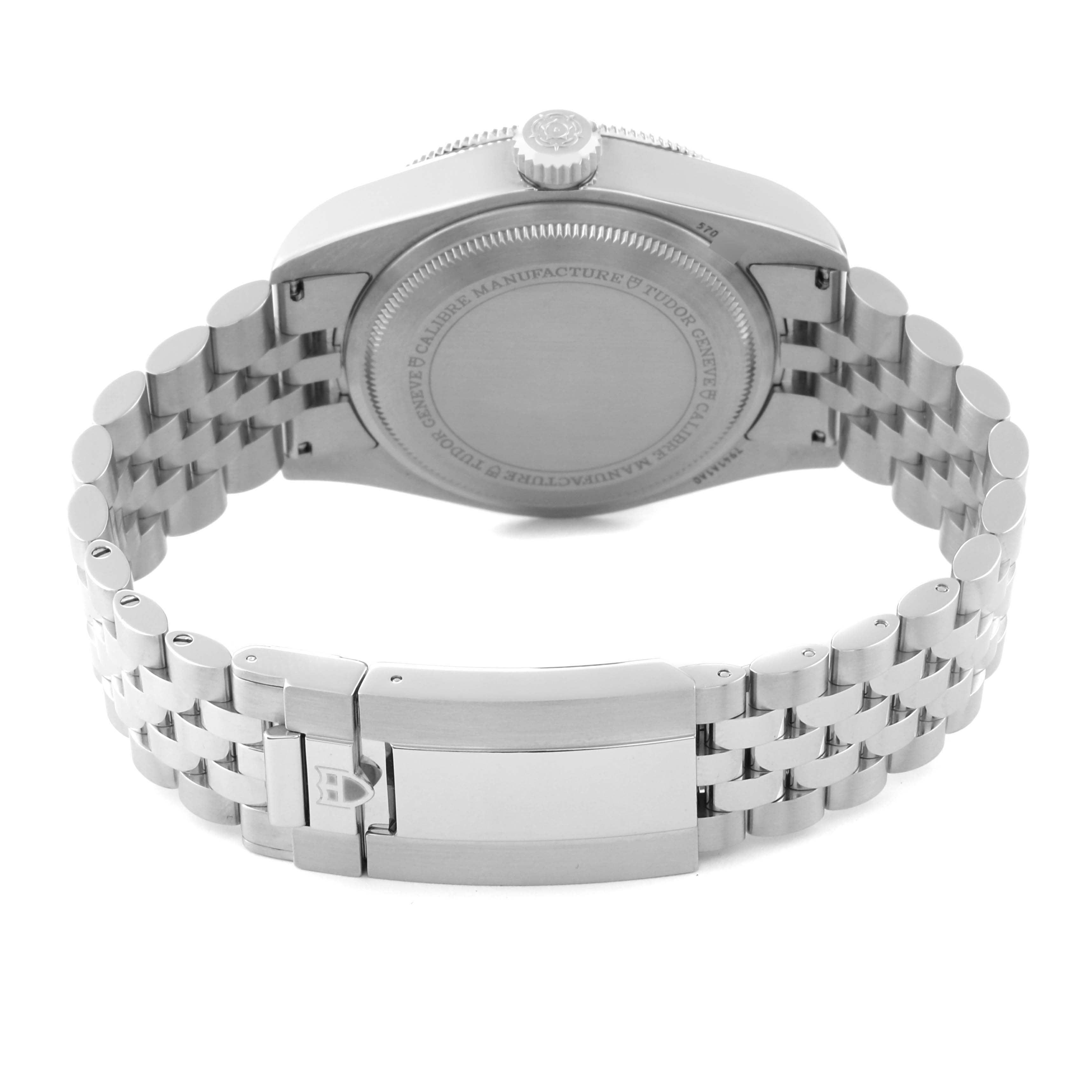 The image shows the back and bracelet of a Tudor Heritage Black Bay 7941A1A0RU Men
s Stainless Steel Black Dial 7941A1A0RU Men
s Stainless Steel Black Dial watch, highlighting the closed clasp and case back.