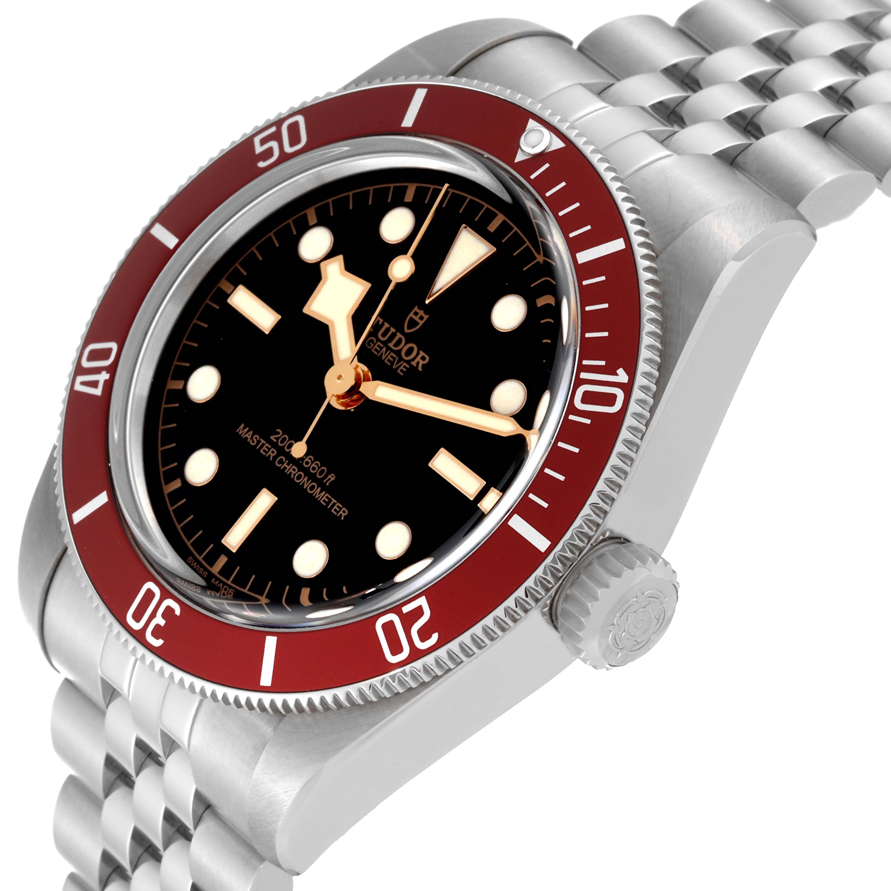 The Tudor Heritage Black Bay 7941A1A0RU Men
s Stainless Steel Black Dial 7941A1A0RU Men
s Stainless Steel Black Dial watch is shown at an angle displaying the dial, bezel, crown, and part of the bracelet.