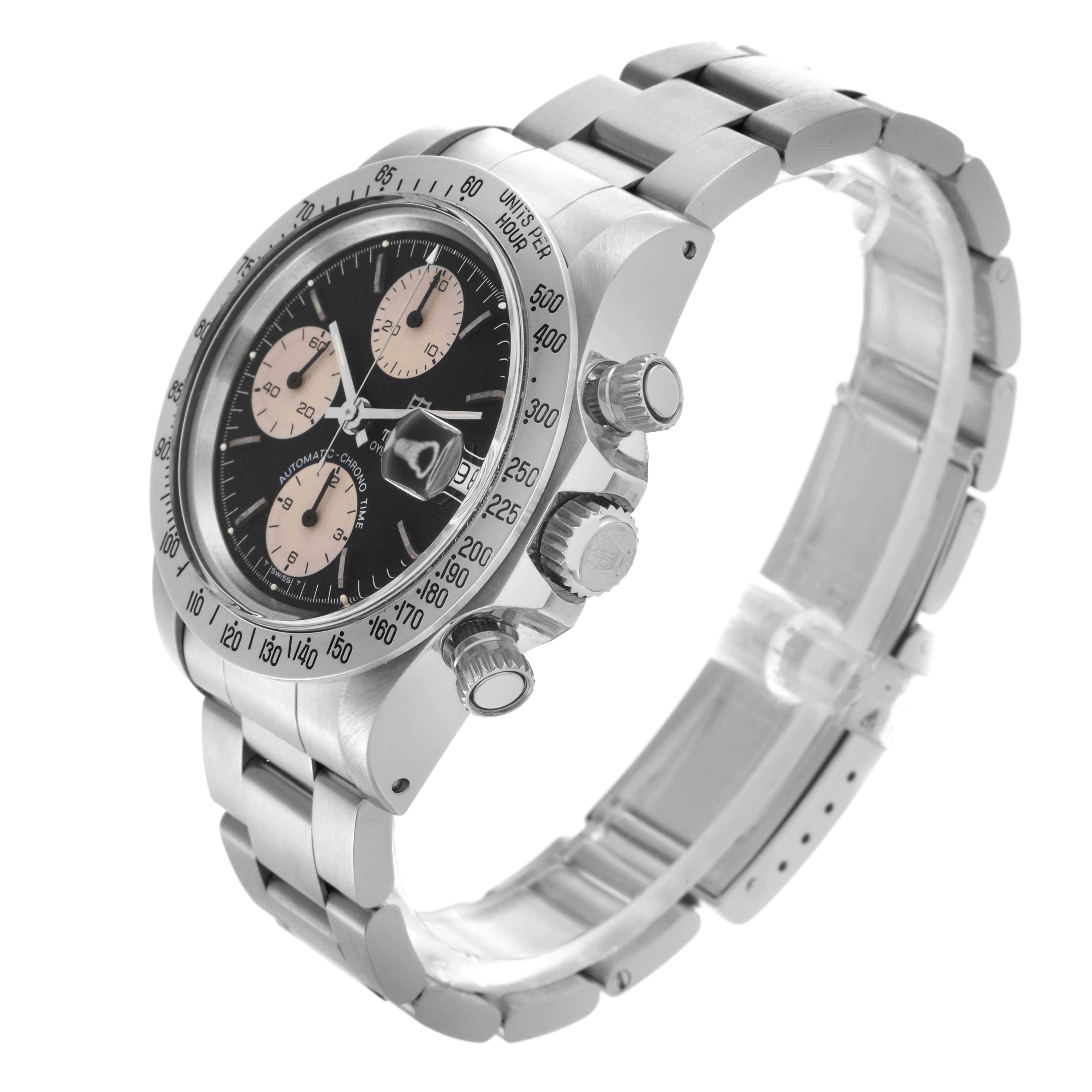 The Tudor Prince 79180 Men
s Stainless Steel Black Dial 79180 Men
s Stainless Steel Black Dial watch is shown at an oblique angle, displaying the bezel, dial, pushers, crown, and bracelet.