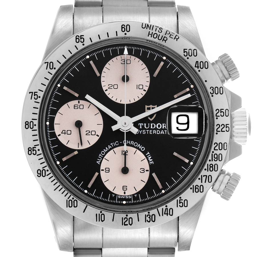 The Tudor Prince watch is shown from a front angle highlighting the dial, bezel, chrono sub-dials, and crown.
