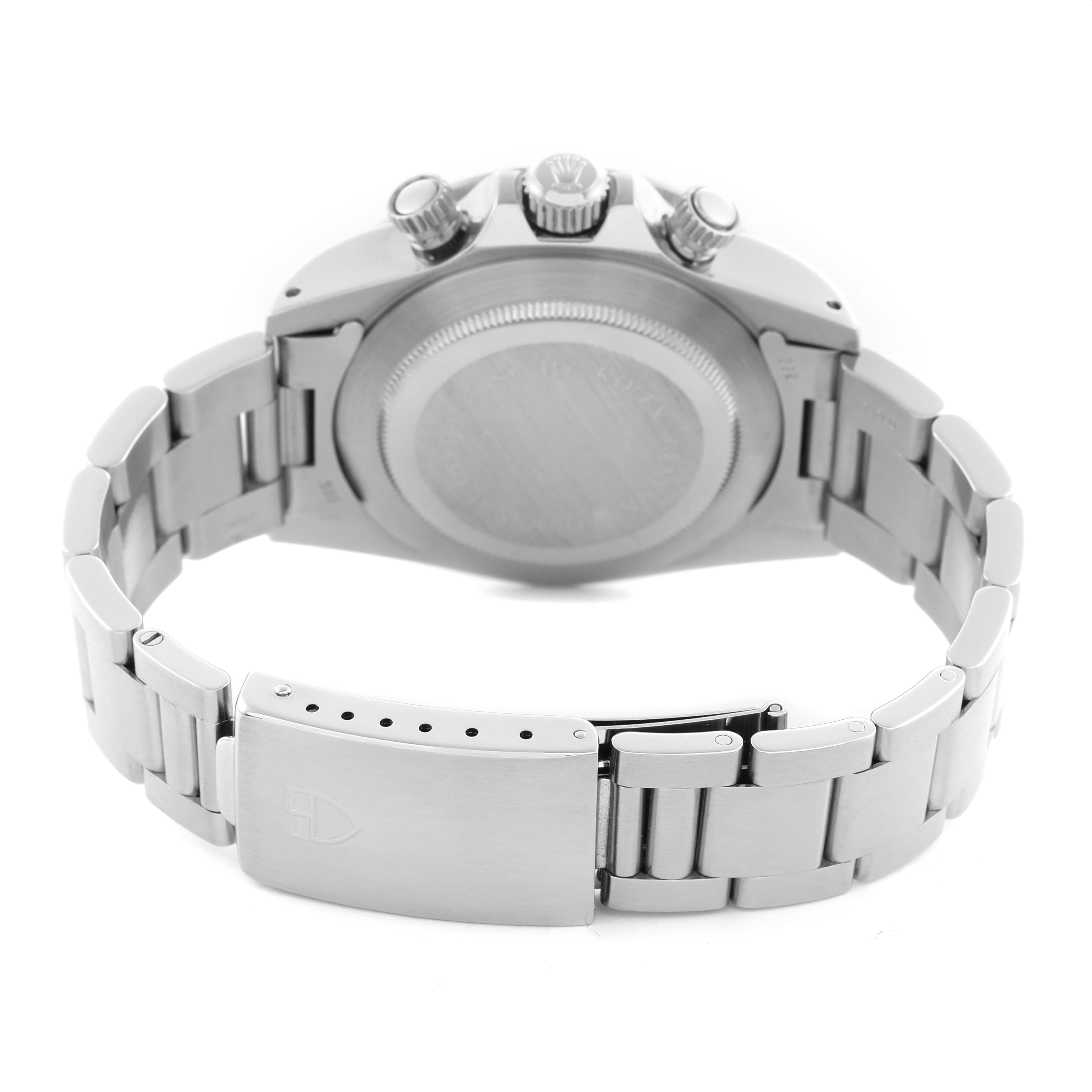 The image shows the back of a Tudor Prince 79180 Men
s Stainless Steel Black Dial 79180 Men
s Stainless Steel Black Dial watch, highlighting the case back, bracelet, and clasp.