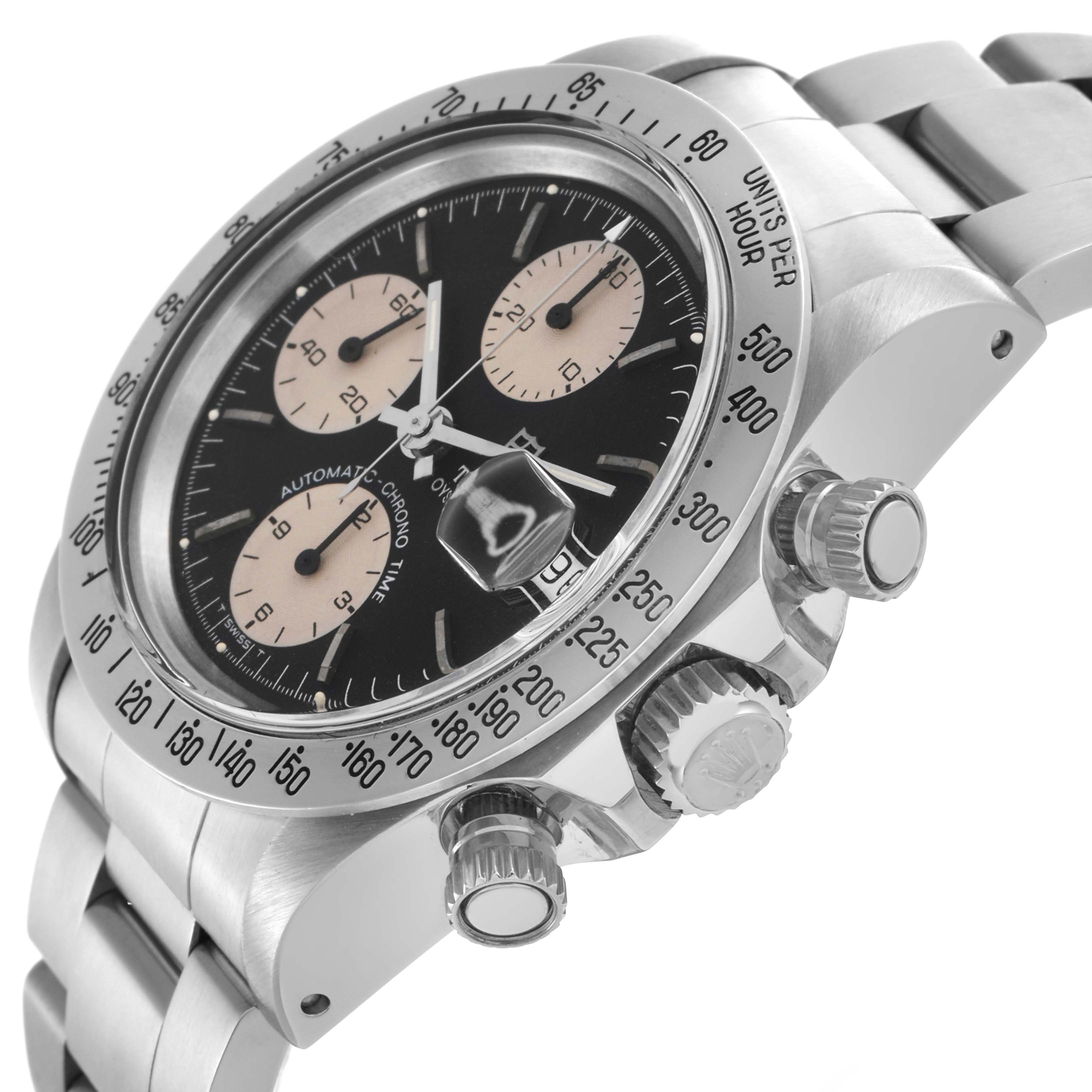 The Tudor Prince 79180 Men
s Stainless Steel Black Dial 79180 Men
s Stainless Steel Black Dial watch is shown at an angle highlighting the dial, bezel, chronograph pushers, and bracelet.