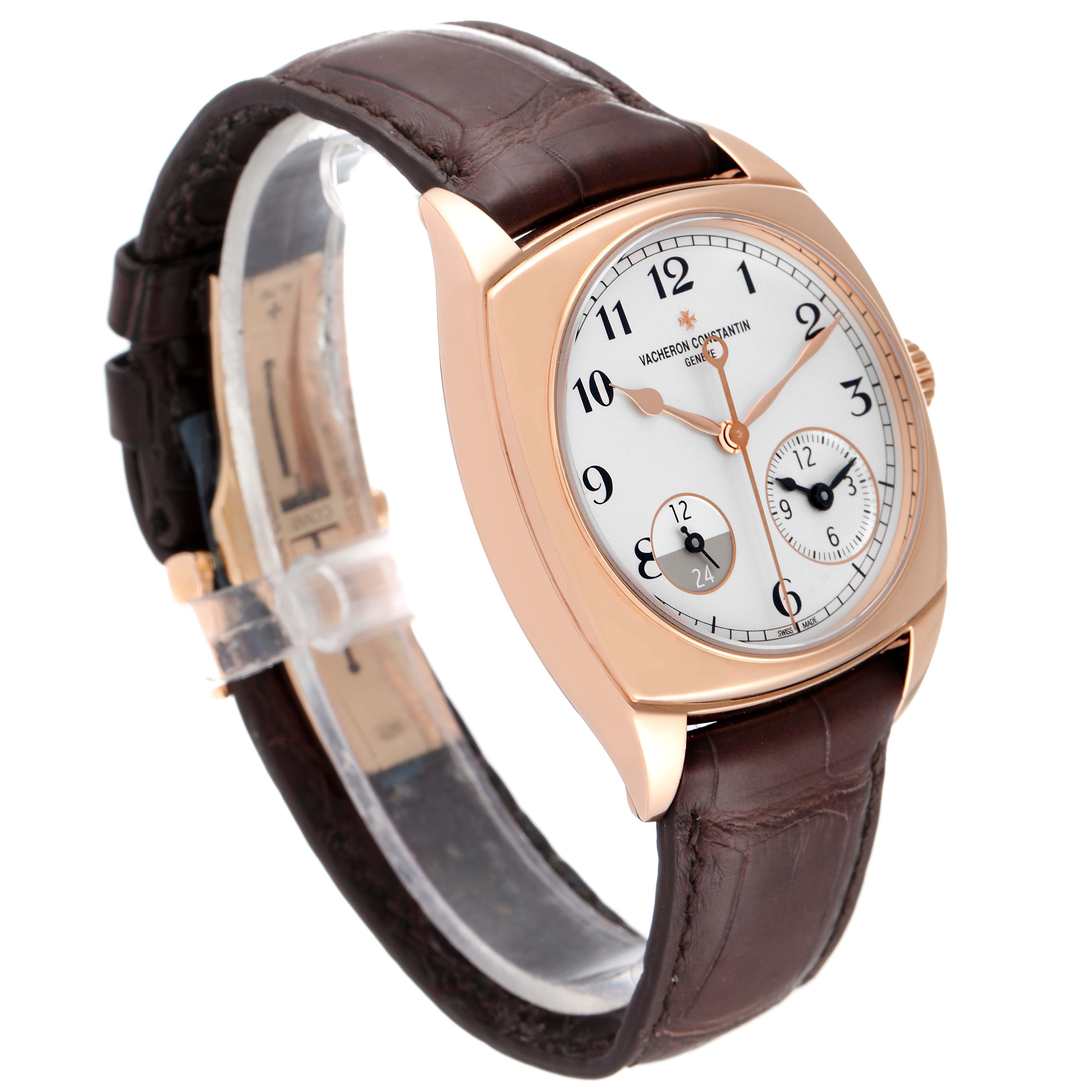 This image shows a Vacheron Constantin Harmony 7800S/000R-B140 Men's Rose Gold Silver Dial 7800S/000R-B140 Men's Rose Gold Silver Dial model watch at a three-quarter angle, highlighting the dial, case, and leather strap.