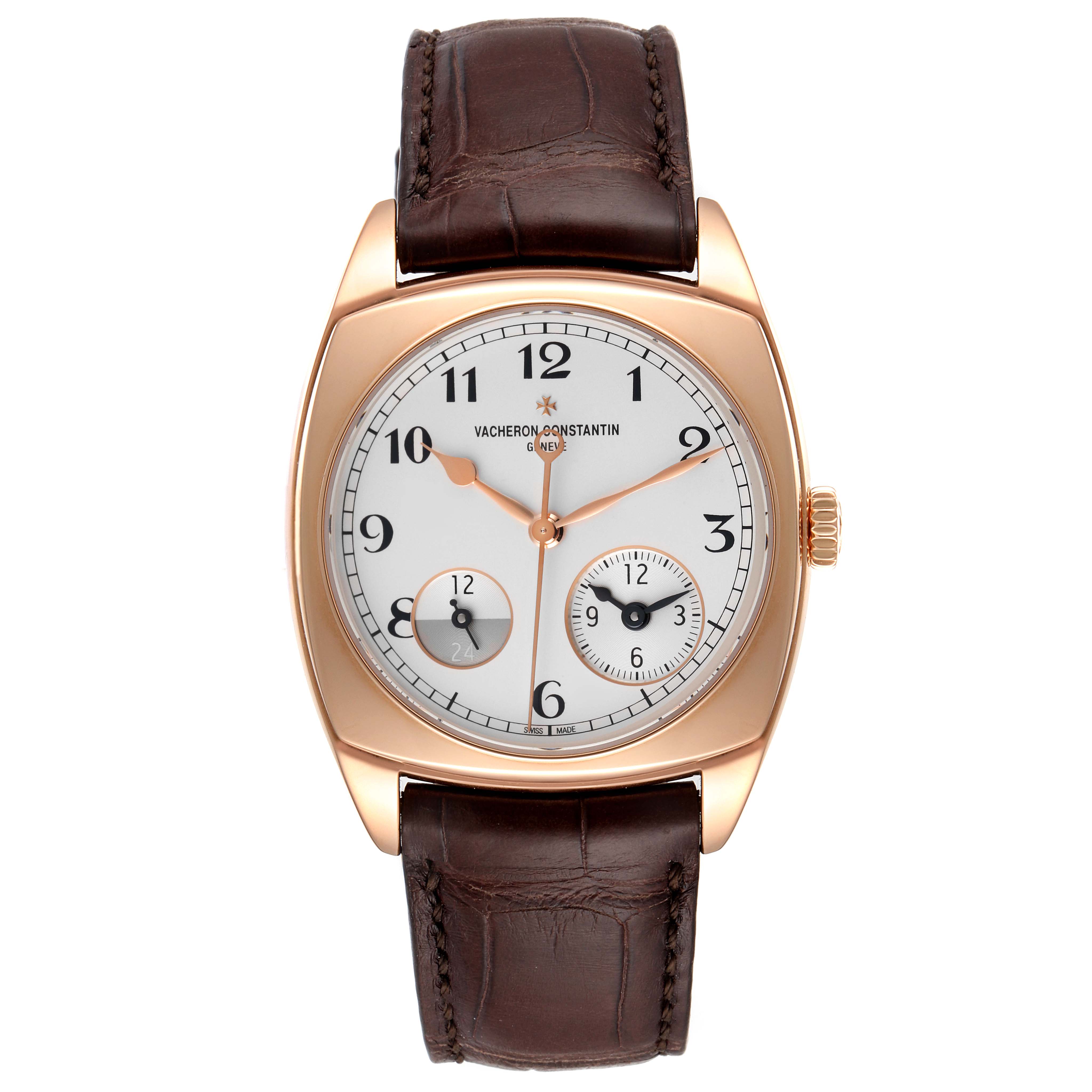 The image shows a front view of the Vacheron Constantin Harmony 7800S/000R-B140 Men's Rose Gold Silver Dial 7800S/000R-B140 Men's Rose Gold Silver Dial model watch, displaying its dial, case, and leather strap.