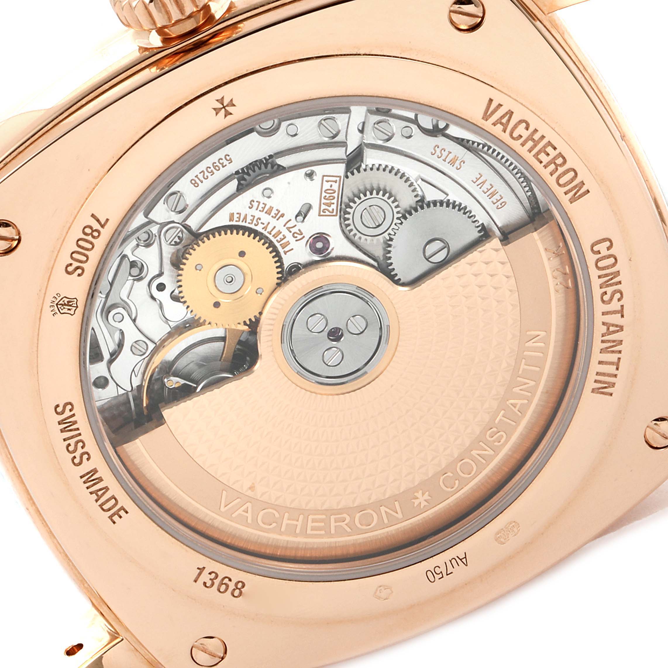 The image shows the back view of the Vacheron Constantin Harmony 7800S/000R-B140 Men's Rose Gold Silver Dial 7800S/000R-B140 Men's Rose Gold Silver Dial watch, highlighting its intricate movement.