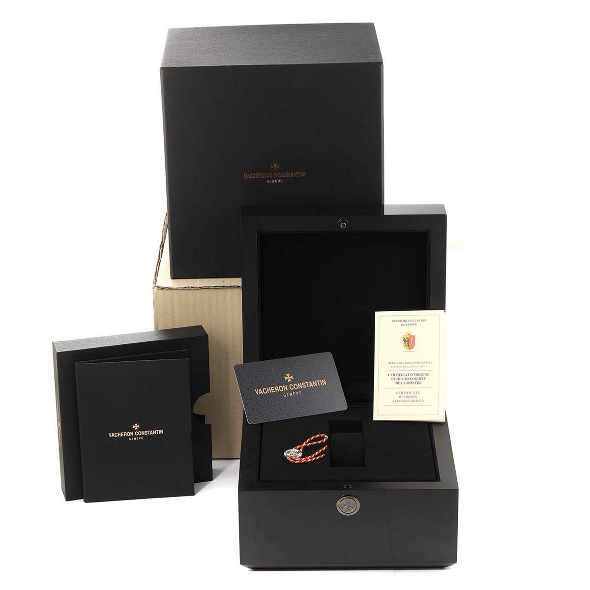 The image shows the packaging, authentication card, and warranty documents for a Vacheron Constantin Harmony 7800S/000R-B140 Men's Rose Gold Silver Dial 7800S/000R-B140 Men's Rose Gold Silver Dial model watch.