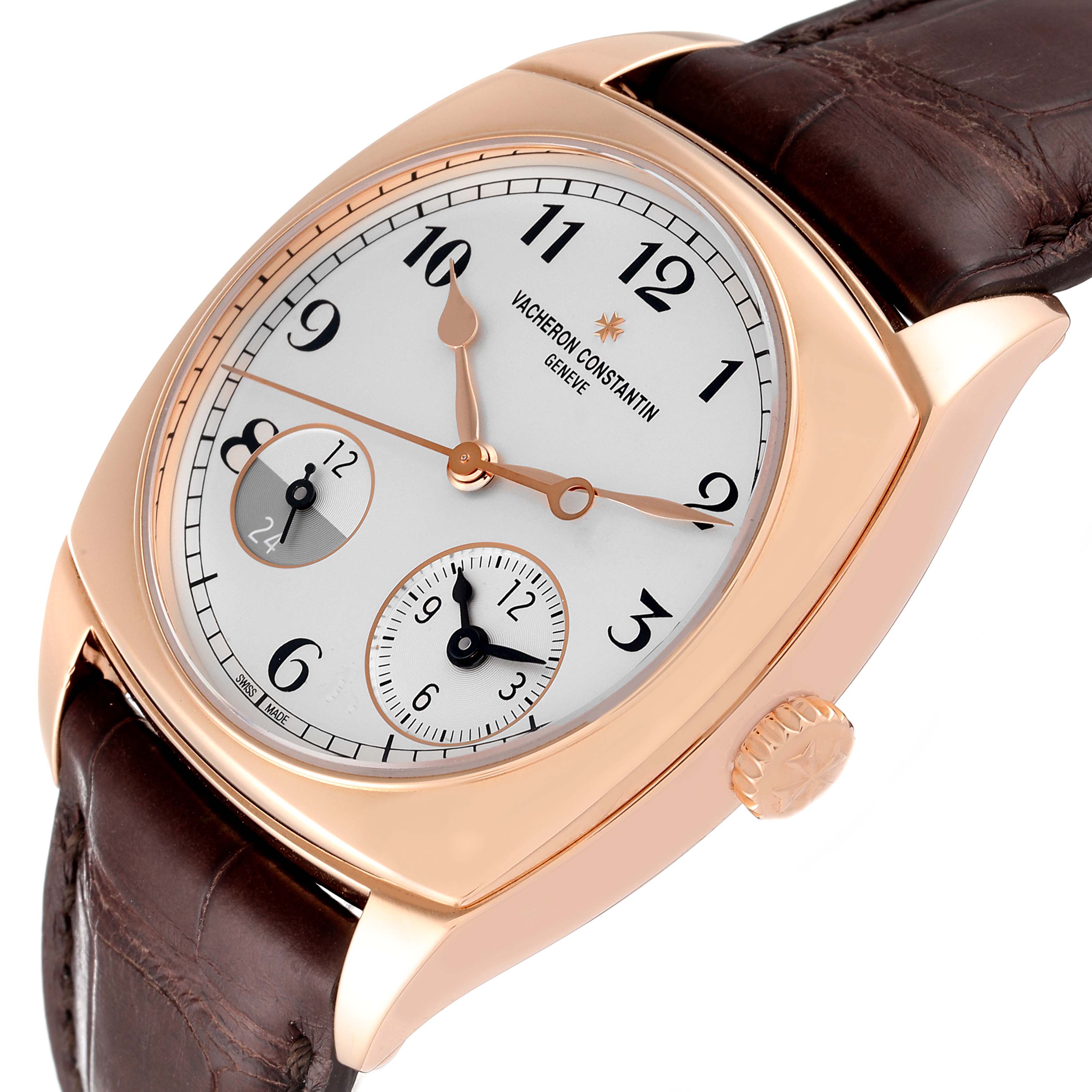 The image shows a Vacheron Constantin Harmony 7800S/000R-B140 Men's Rose Gold Silver Dial 7800S/000R-B140 Men's Rose Gold Silver Dial watch from a front angle, showcasing the dial, crown, and strap.