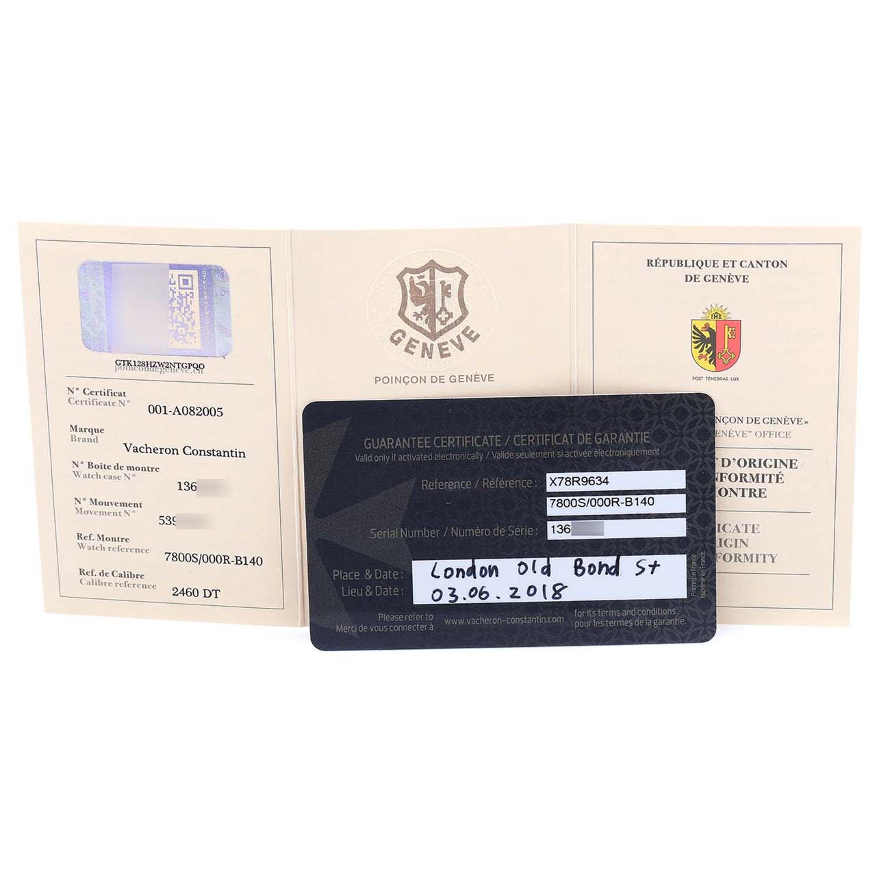 The image shows the guarantee certificate and related documentation for the Harmony model by Vacheron Constantin.