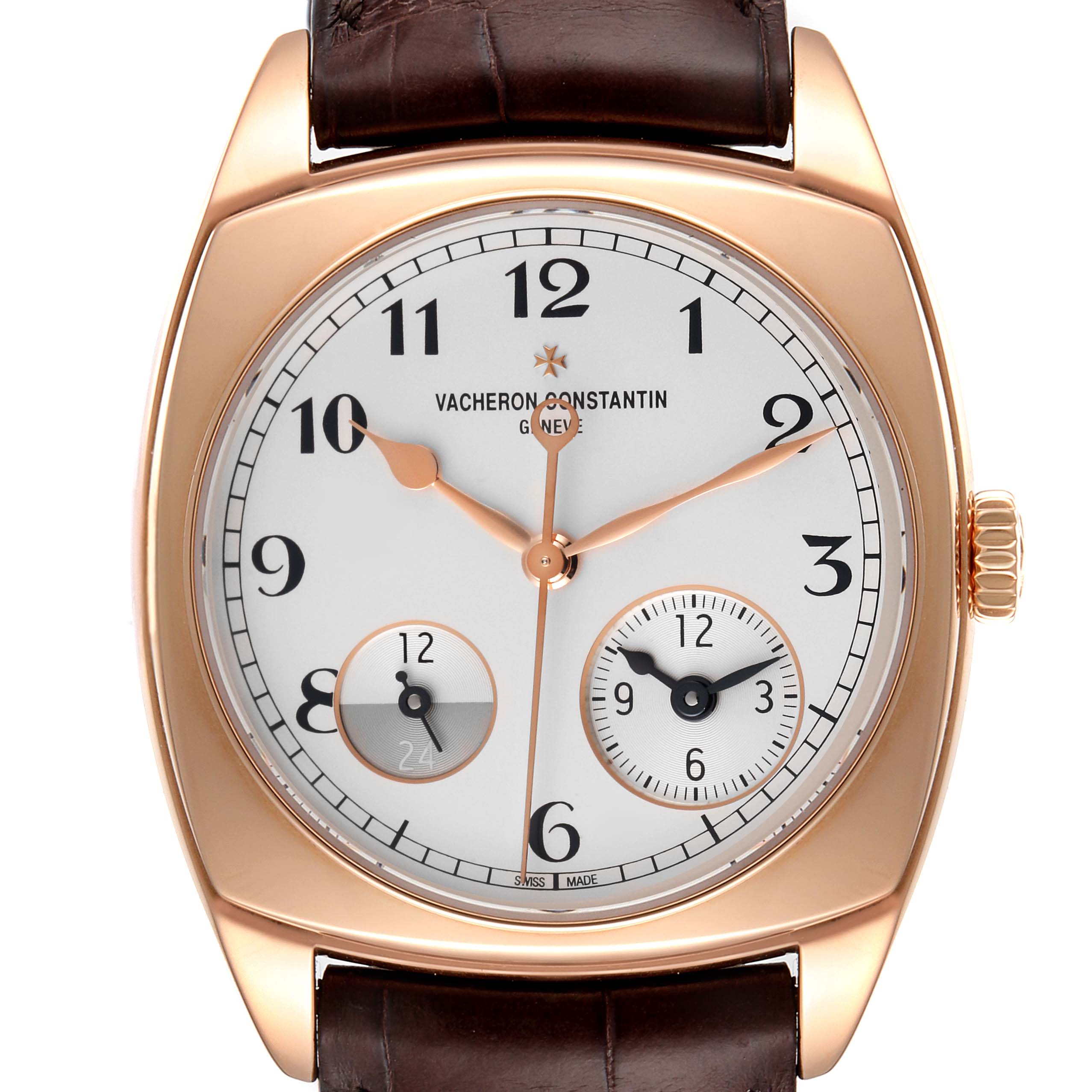 The image shows a Vacheron Constantin Harmony 7800S/000R-B140 Men's Rose Gold Silver Dial 7800S/000R-B140 Men's Rose Gold Silver Dial model watch from a front angle, highlighting its face, case, and leather strap.