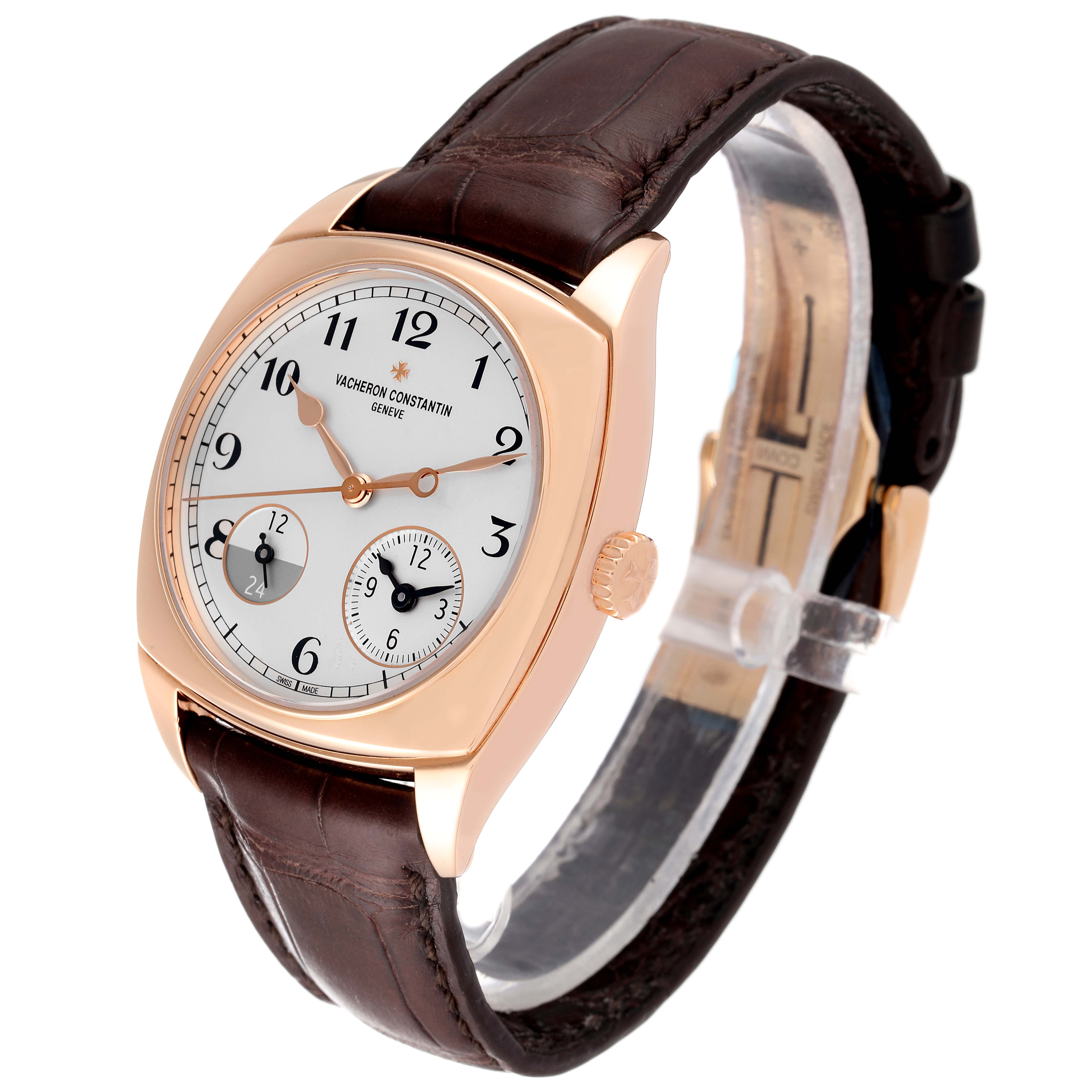 The image shows a Vacheron Constantin Harmony 7800S/000R-B140 Men's Rose Gold Silver Dial 7800S/000R-B140 Men's Rose Gold Silver Dial model watch from an angled view focusing on the dial and leather strap.