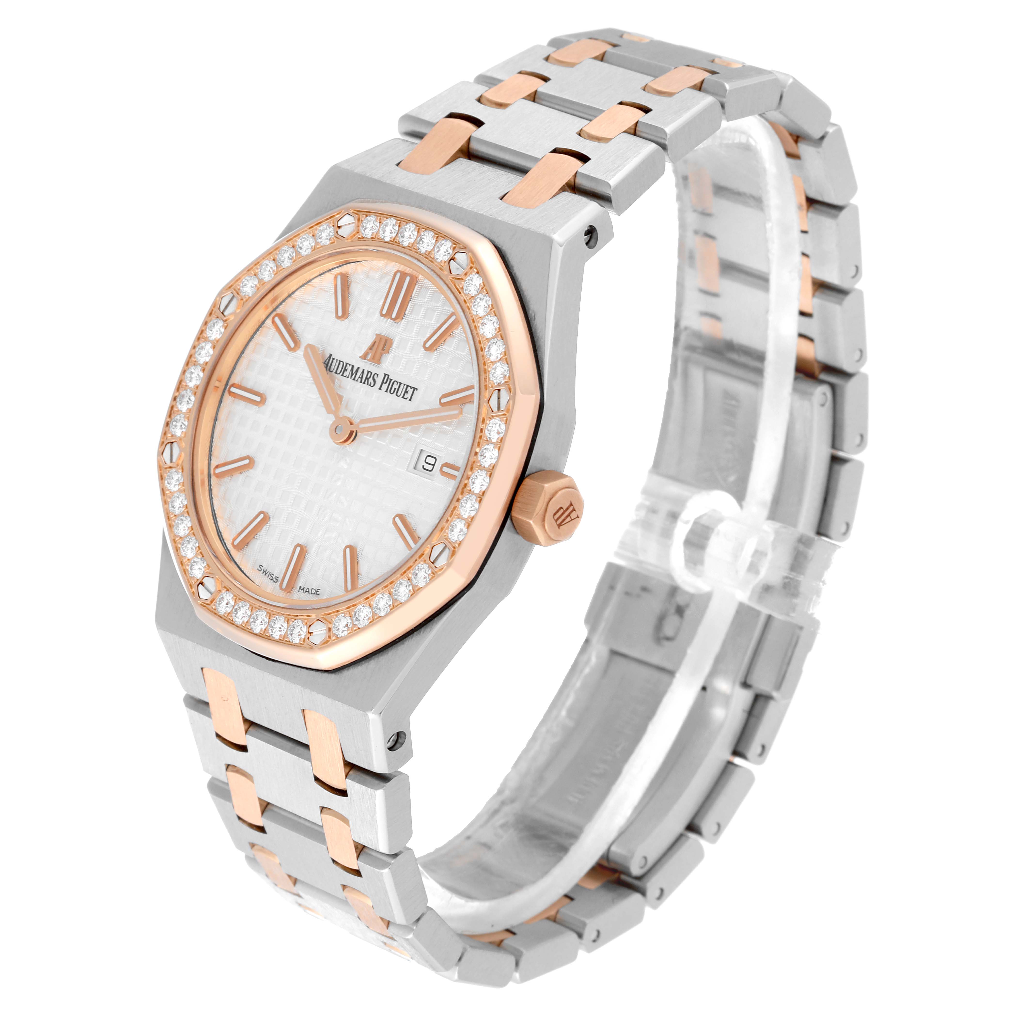 The Audemars Piguet Royal Oak 67651SR.ZZ.1261SR.01 Women
s Steel and Gold (two tone) Silver Dial 67651SR.ZZ.1261SR.01 Women
s Steel and Gold (two tone) Silver Dial watch is shown at an angled view, displaying the face, bezel, crown, and bracelet.