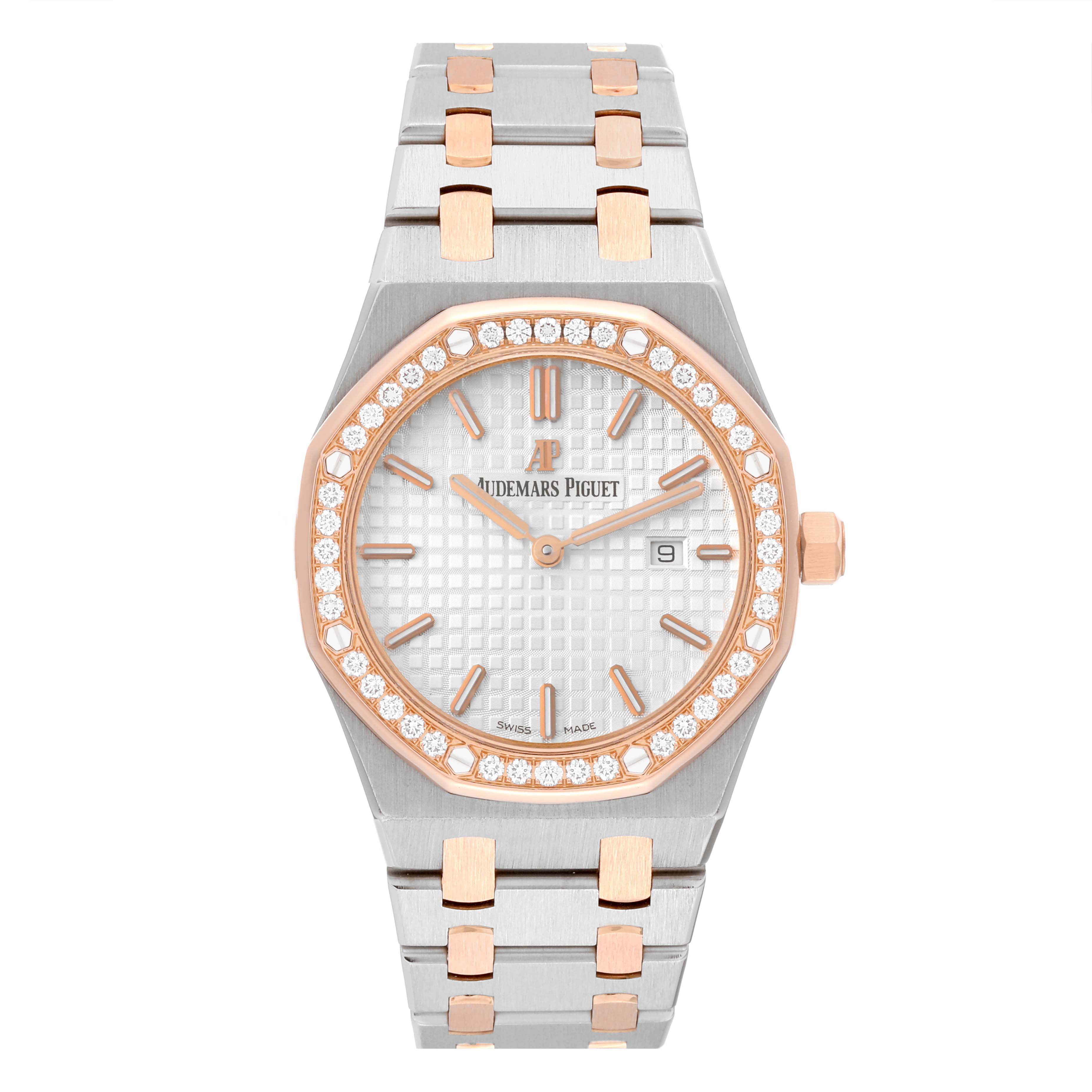The image shows a front view of an Audemars Piguet Royal Oak 67651SR.ZZ.1261SR.01 Women
s Steel and Gold (two tone) Silver Dial 67651SR.ZZ.1261SR.01 Women
s Steel and Gold (two tone) Silver Dial watch, displaying the dial, bezel, and bracelet.