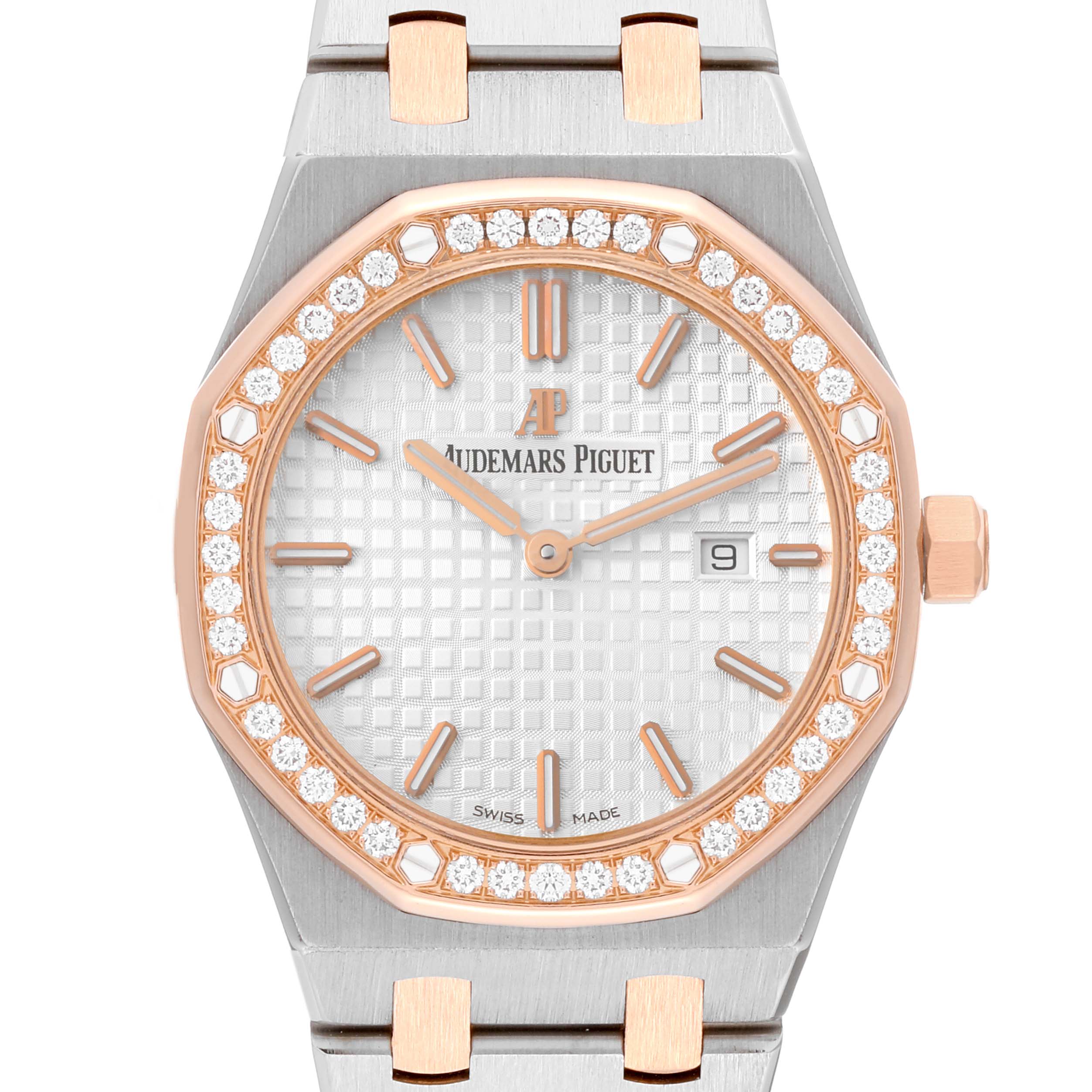 The image shows a frontal view of the Audemars Piguet Royal Oak 67651SR.ZZ.1261SR.01 Women
s Steel and Gold (two tone) Silver Dial 67651SR.ZZ.1261SR.01 Women
s Steel and Gold (two tone) Silver Dial watch, featuring a diamond-studded bezel and a section of the metal bracelet.