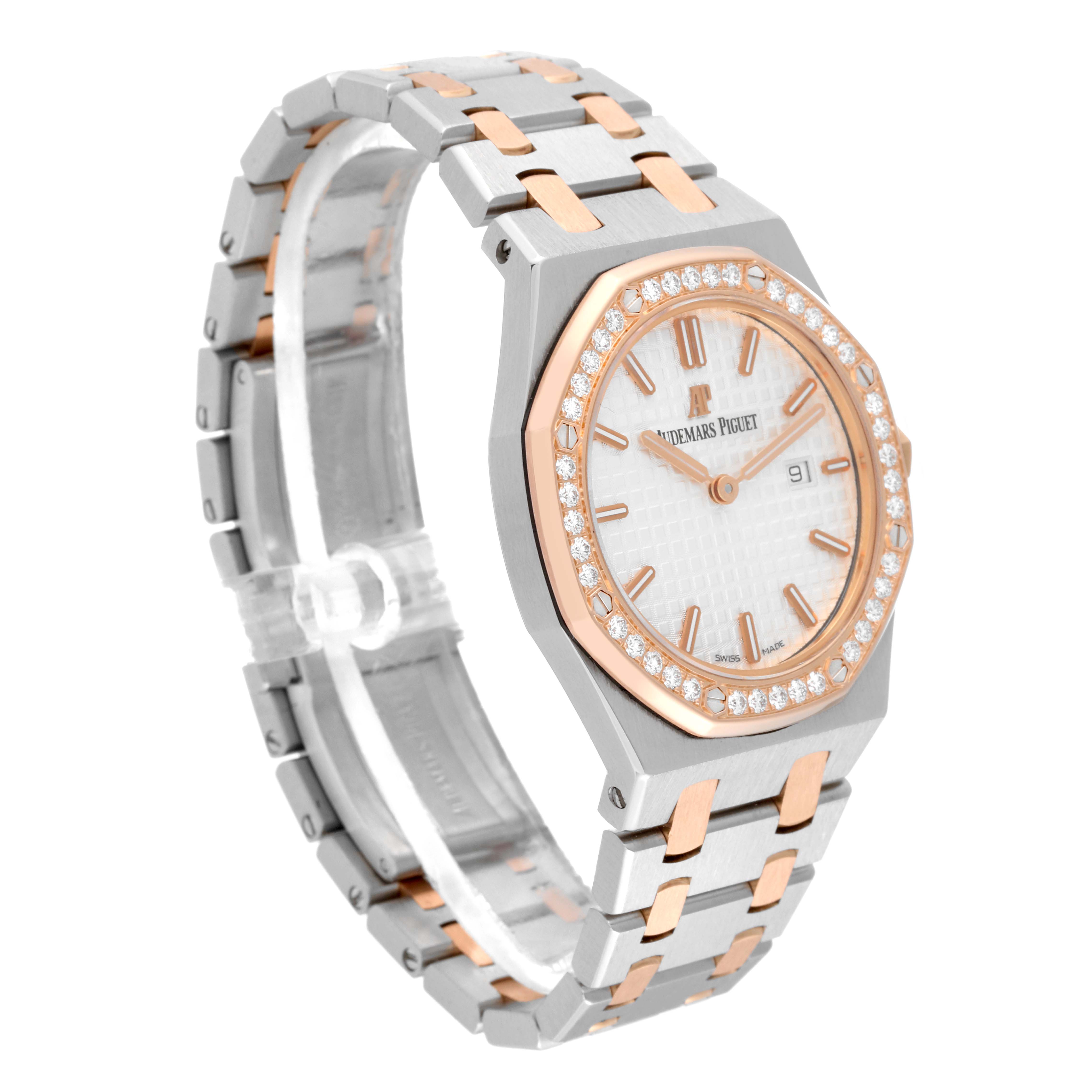 The Royal Oak by Audemars Piguet is shown at a side-front angle, highlighting the watchface, bezel, and bracelet.