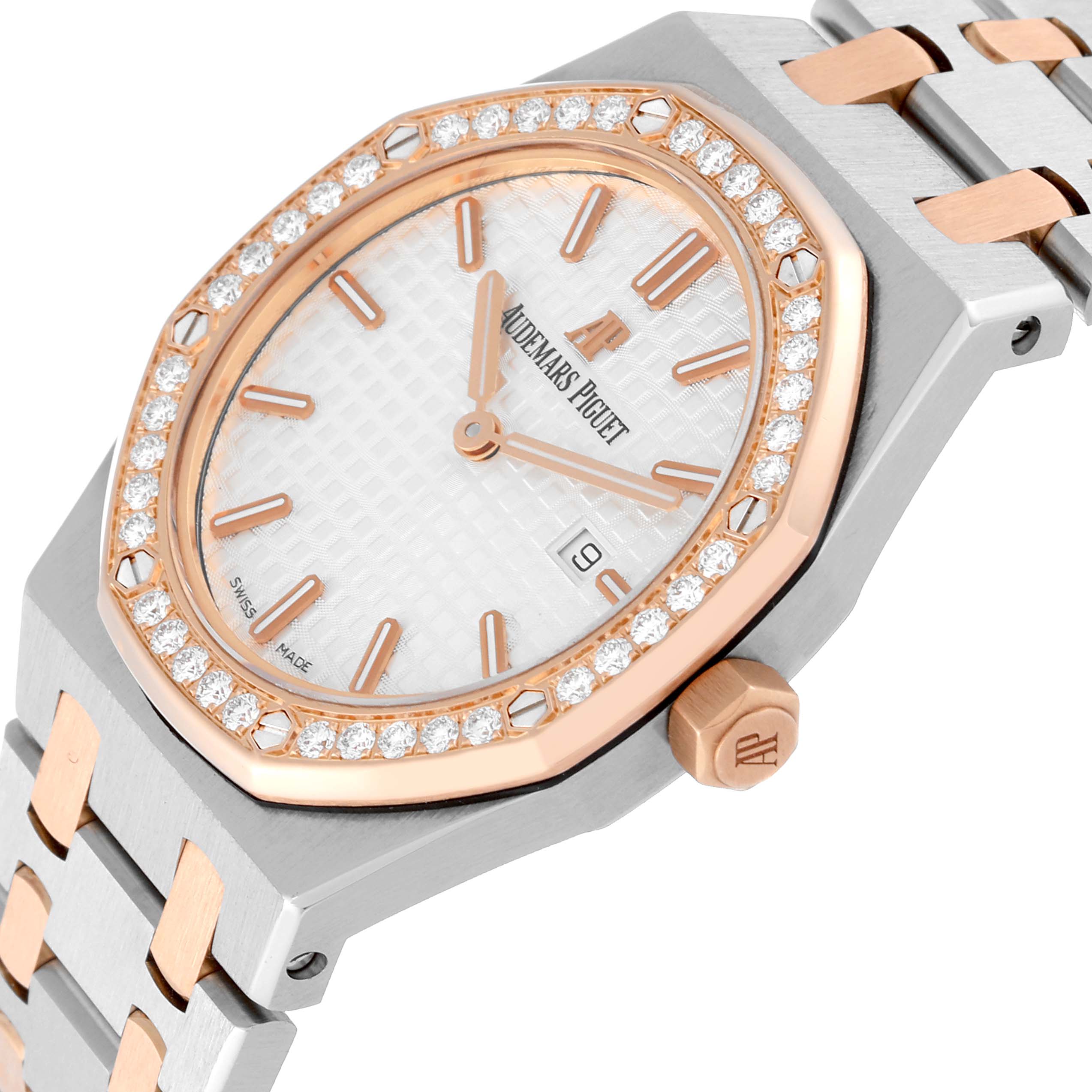 The image shows a close-up angle of the face and partial bracelet of the Audemars Piguet Royal Oak 67651SR.ZZ.1261SR.01 Women
s Steel and Gold (two tone) Silver Dial 67651SR.ZZ.1261SR.01 Women
s Steel and Gold (two tone) Silver Dial watch.