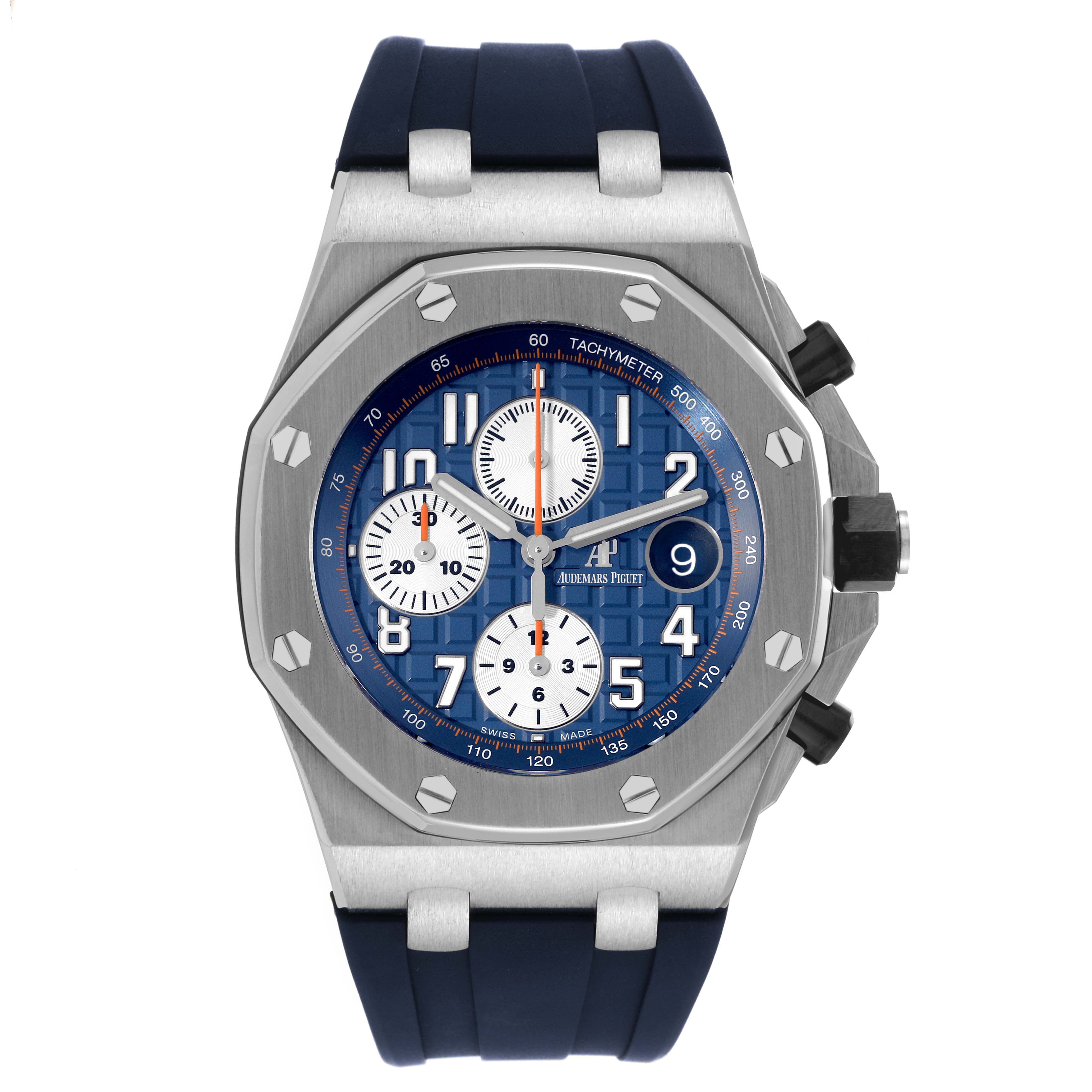This image shows a front view of the Audemars Piguet Royal Oak Offshore 26470ST.OO.A027CA.01 Men's Stainless Steel Blue Dial 26470ST.OO.A027CA.01 Men's Stainless Steel Blue Dial model, highlighting the blue dial and rubber strap.