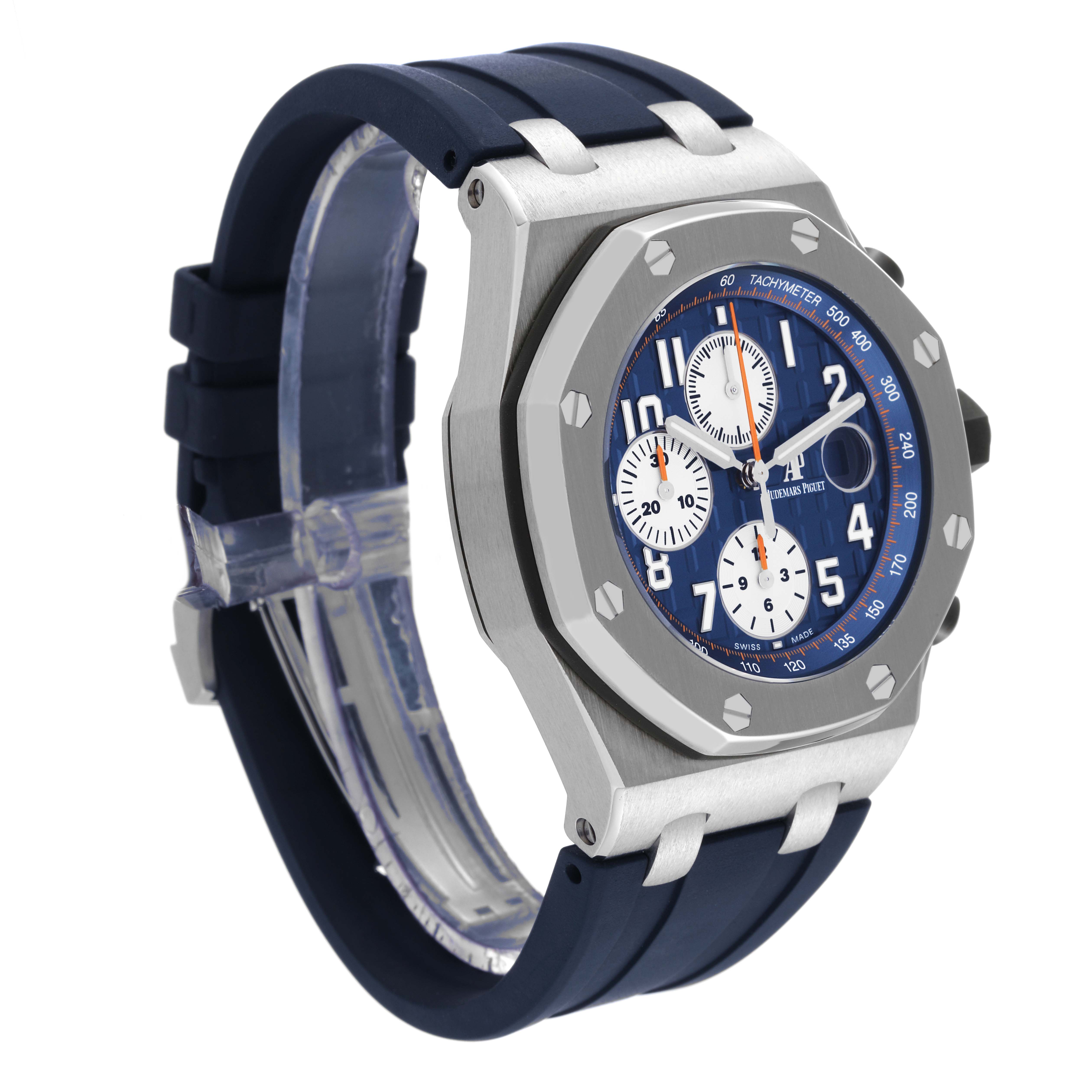 The Royal Oak Offshore by Audemars Piguet is shown at a three-quarter angle, highlighting its bezel, dial, and blue strap.