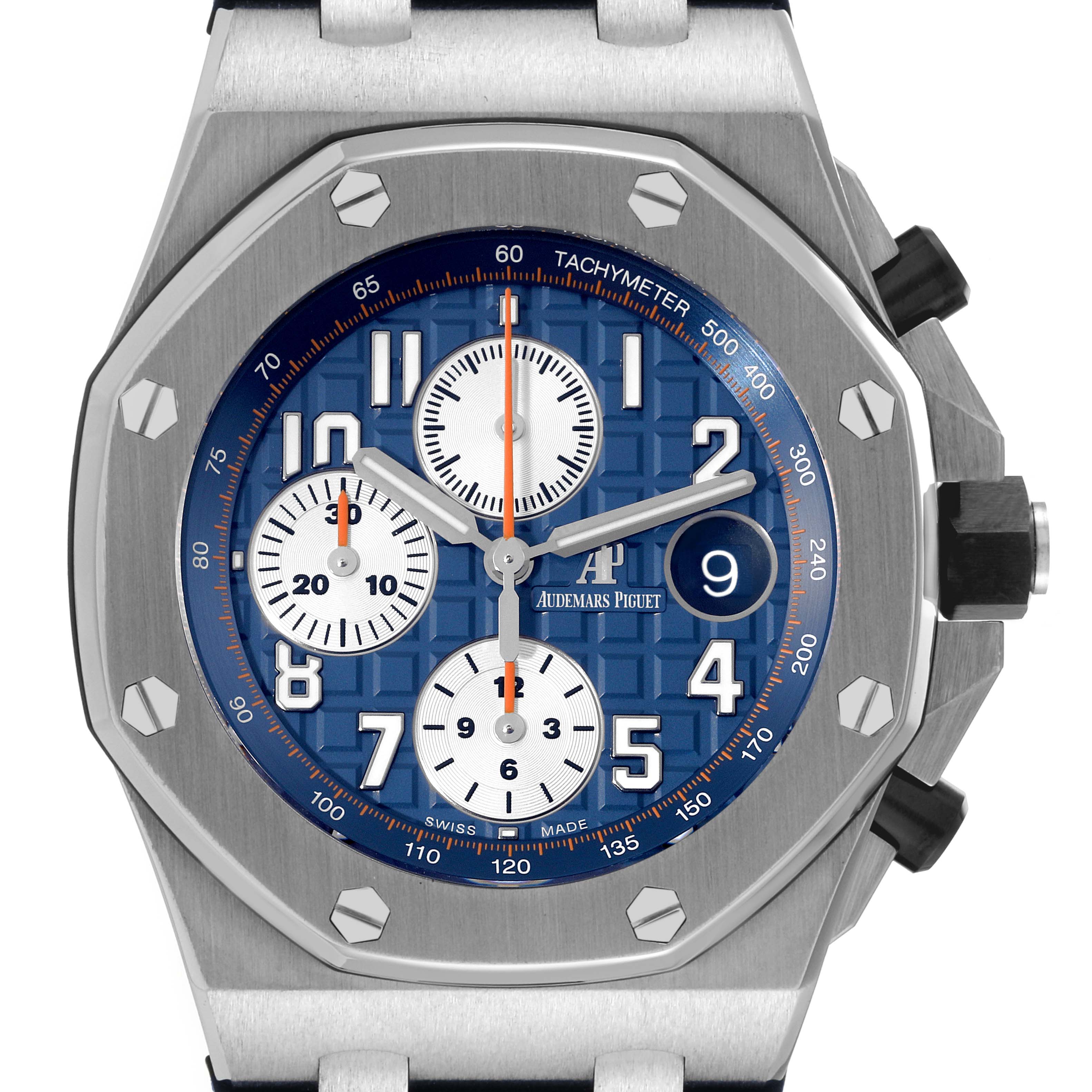The image shows a front view of the Audemars Piguet Royal Oak Offshore 26470ST.OO.A027CA.01 Men's Stainless Steel Blue Dial 26470ST.OO.A027CA.01 Men's Stainless Steel Blue Dial watch, highlighting the dial, bezel, and pushers.