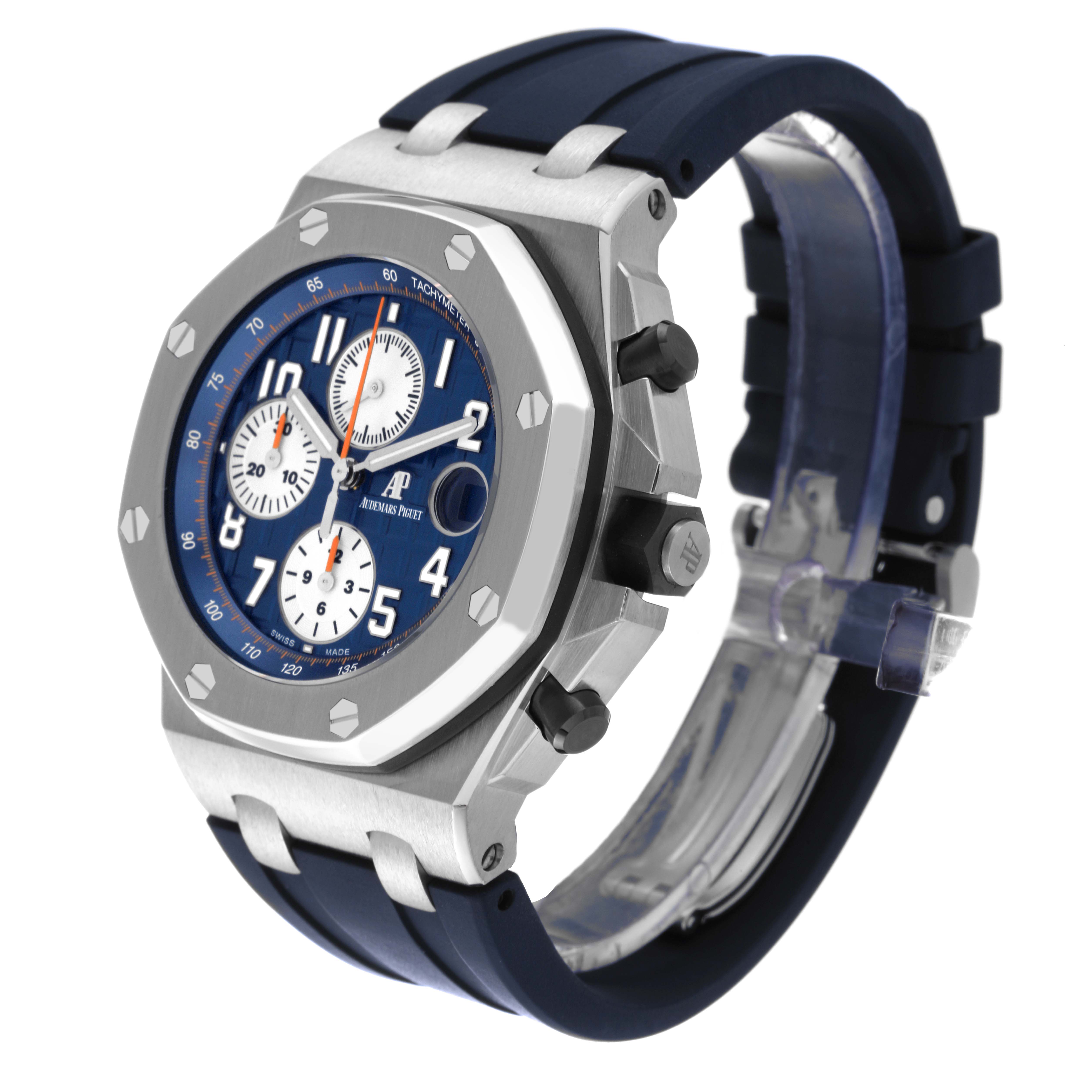 The image shows a front-right angle of the Audemars Piguet Royal Oak Offshore 26470ST.OO.A027CA.01 Men's Stainless Steel Blue Dial 26470ST.OO.A027CA.01 Men's Stainless Steel Blue Dial watch, highlighting the case, dial, and strap.